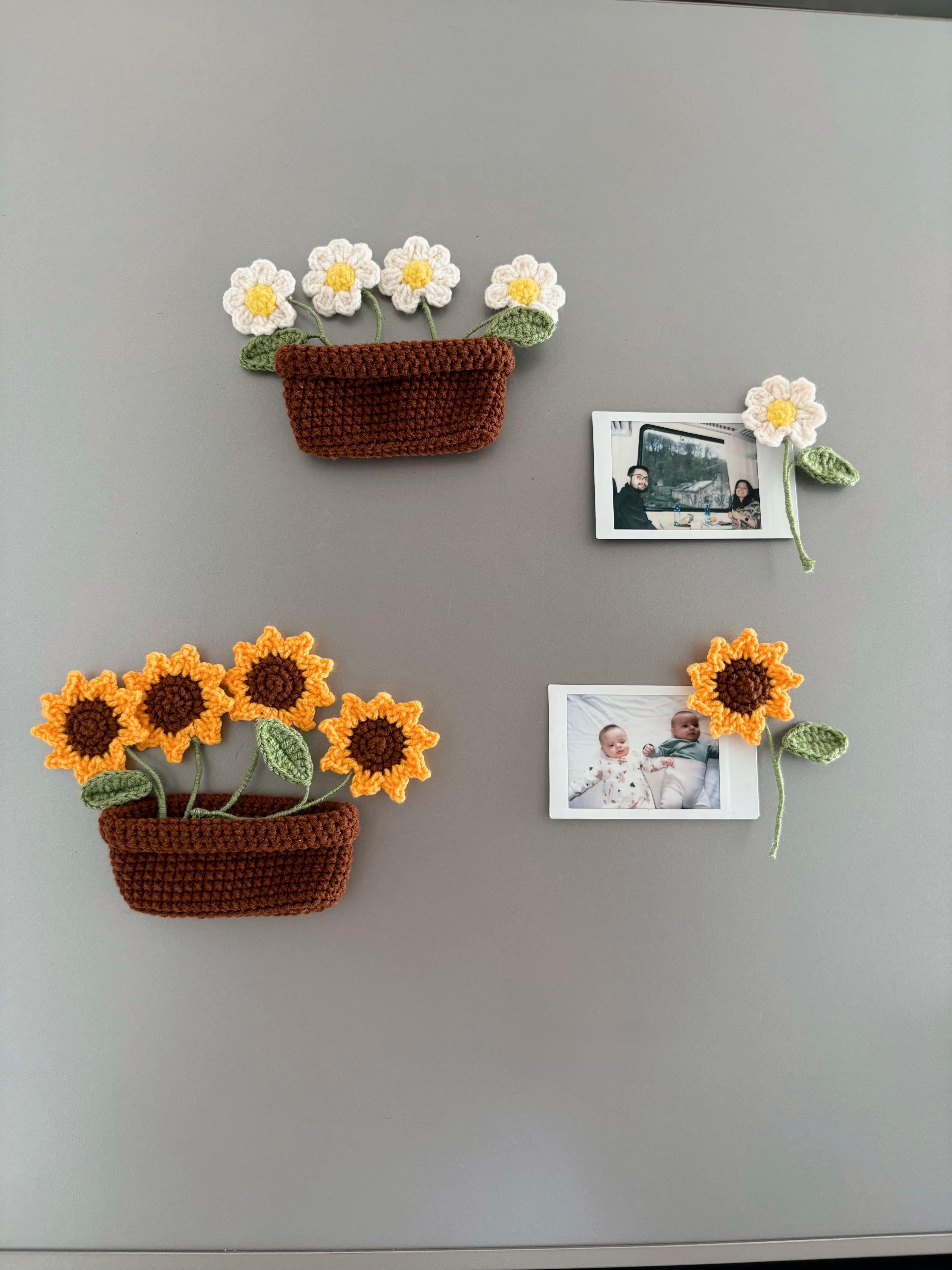 El Yapımı Örgü Çiçek Saksı Magnet – Papatya & Ayçiçeği Modelleri
