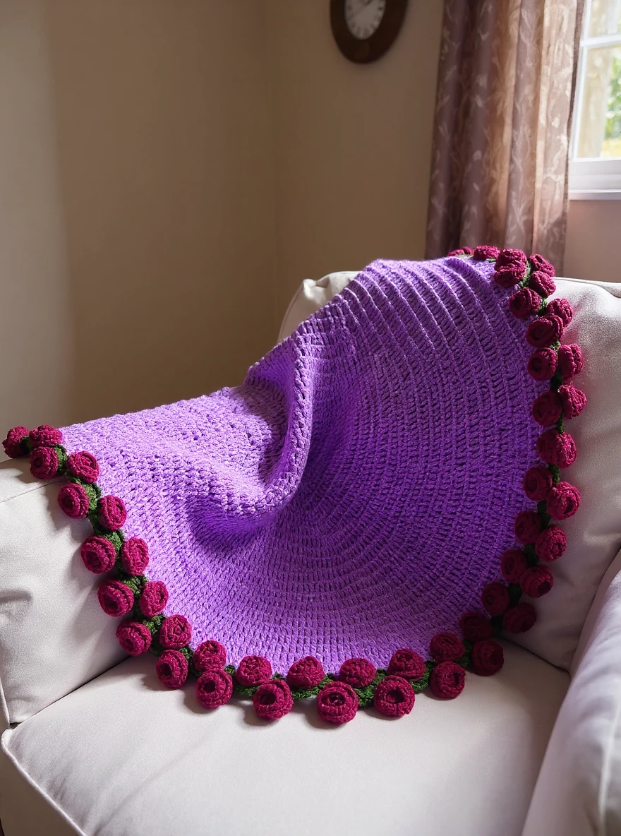 El Yapımı Örgü Buket Battaniye – Mor Tabanlı Bordo Güllü Tığ İşi TV ve Diz Battaniyesi