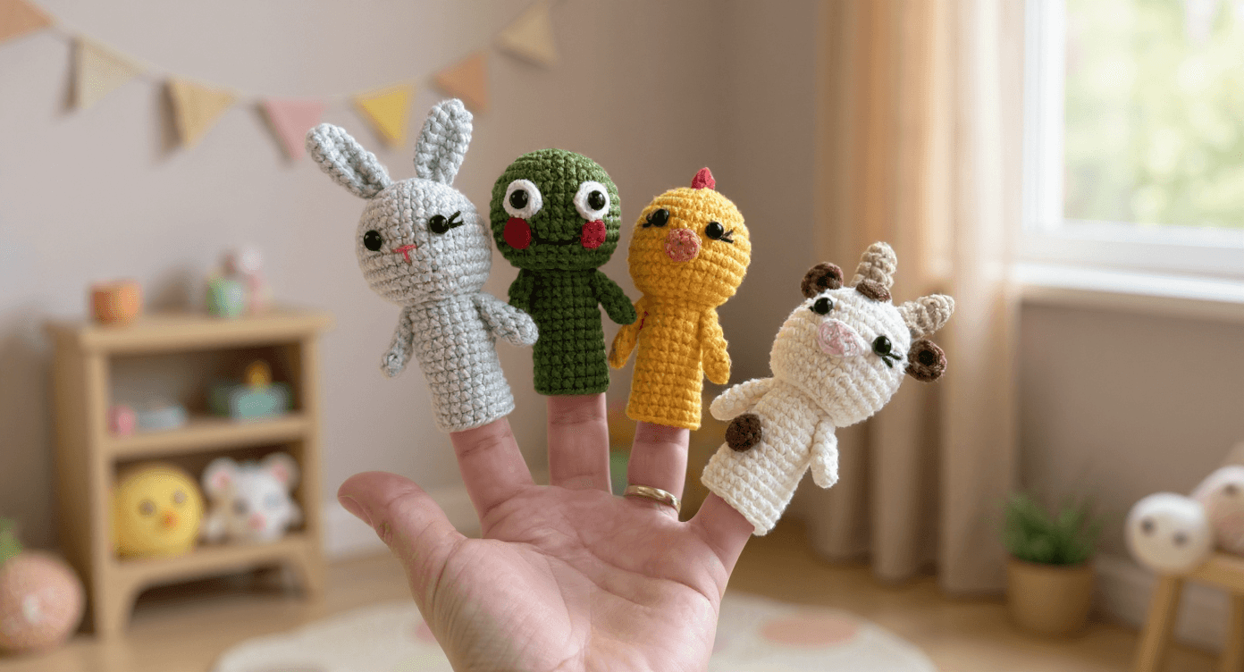 El Örgüsü Hayvan Temalı Parmak Kukla Seti (4’lü) – Tavşan, Kurbağa, Civciv ve İnek