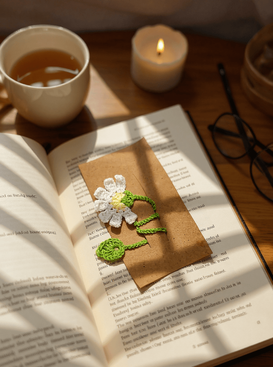 El Yapımı Örgü Papatya Kitap Ayracı – Sarı & Beyaz Seçenekleri