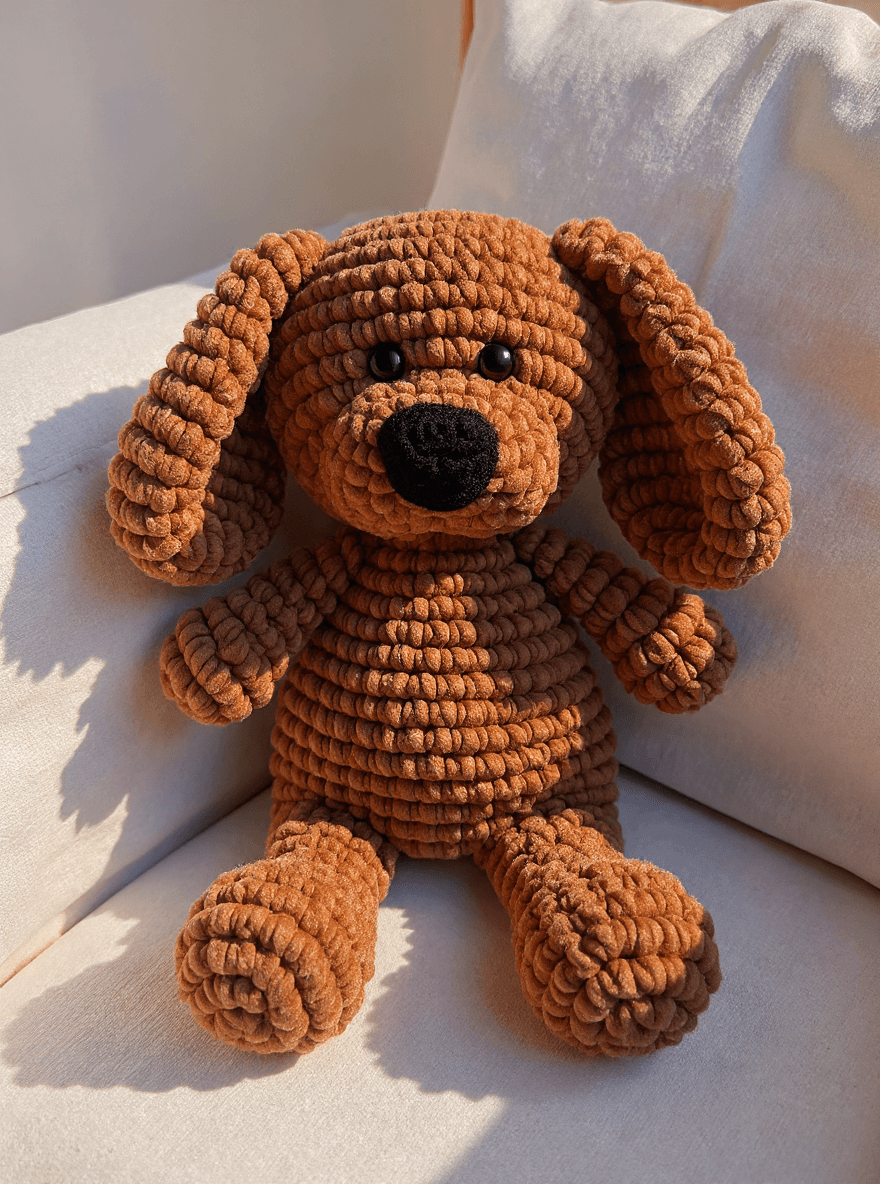 El Yapımı Peluş Köpek Oyuncak – Yumuşak Amigurumi Köpek Figürü, Bebek ve Çocuklar için Oyuncak
