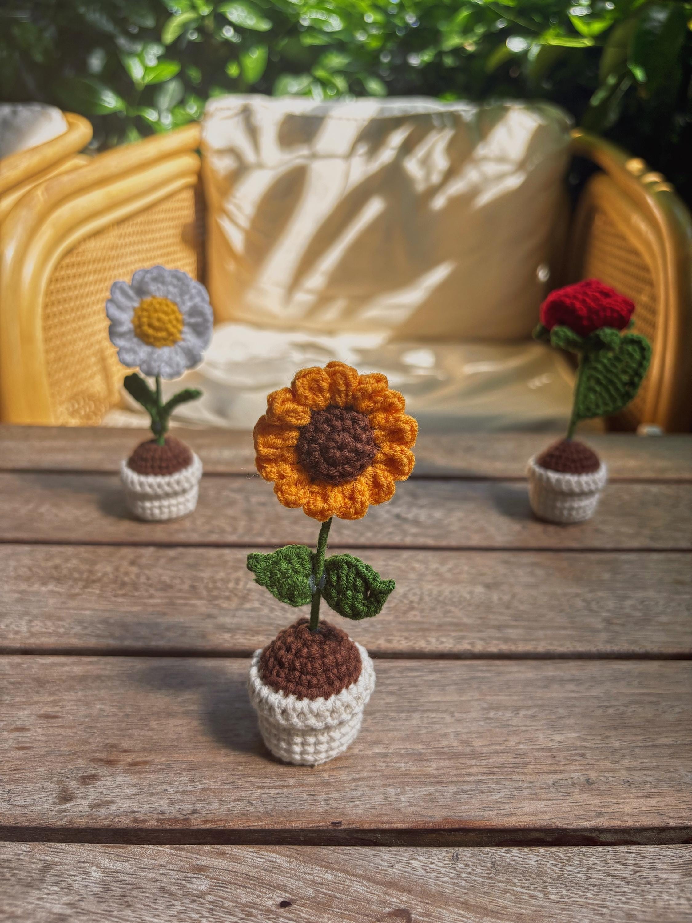 Crochet Potted Flower – Table / Car Decor – Rose, Daisy, Sunflower – Gift for Any Anniversary