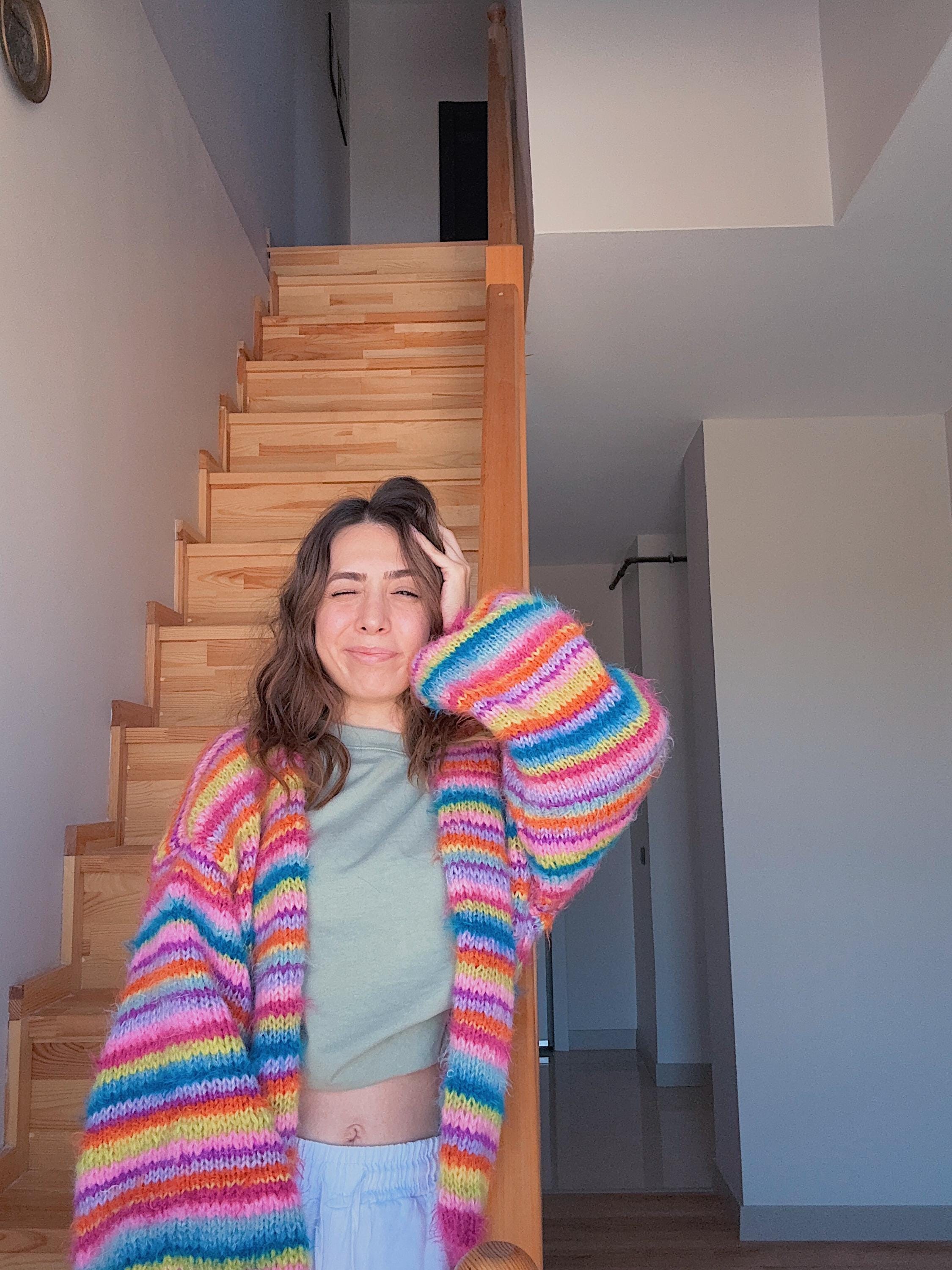 Colorful Striped Sweater, Knit Cardigan, Hand-Knitted Warm Cardigan, Oversized Cardigan, Unisex Cardigan, Multicolored Cardigan