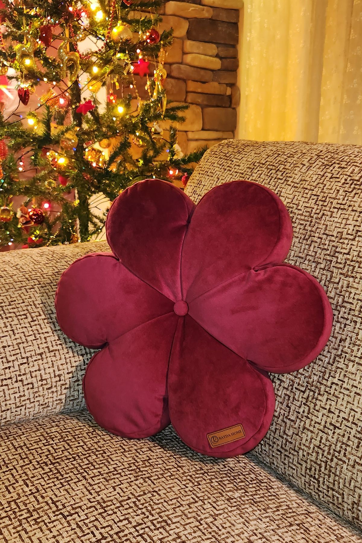 Dekoratif Fuşya Kadife Çiçek Dolgulu Kırlent Flower 42*42 Cm