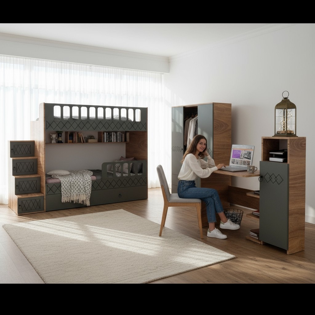 Ays Dolaplı Takım, Ahşap - Antrasit Renk, Dolaplı Ranza Modelleri