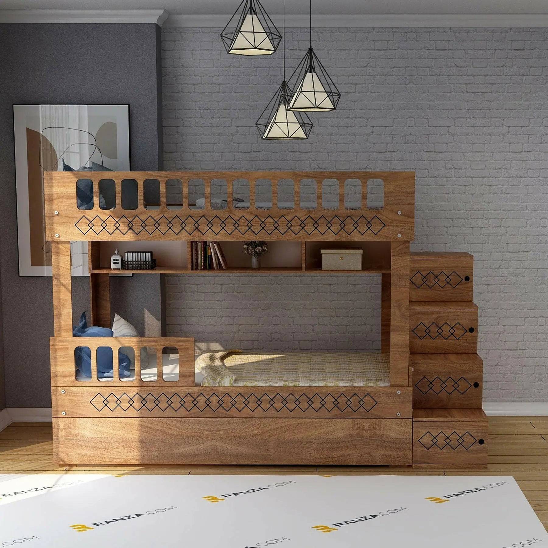 Liza Ranza Modelleri, MDF CNC Detaylı, Ahşap Renk, 3'LÜ Yavrulu Ranza Modelleri