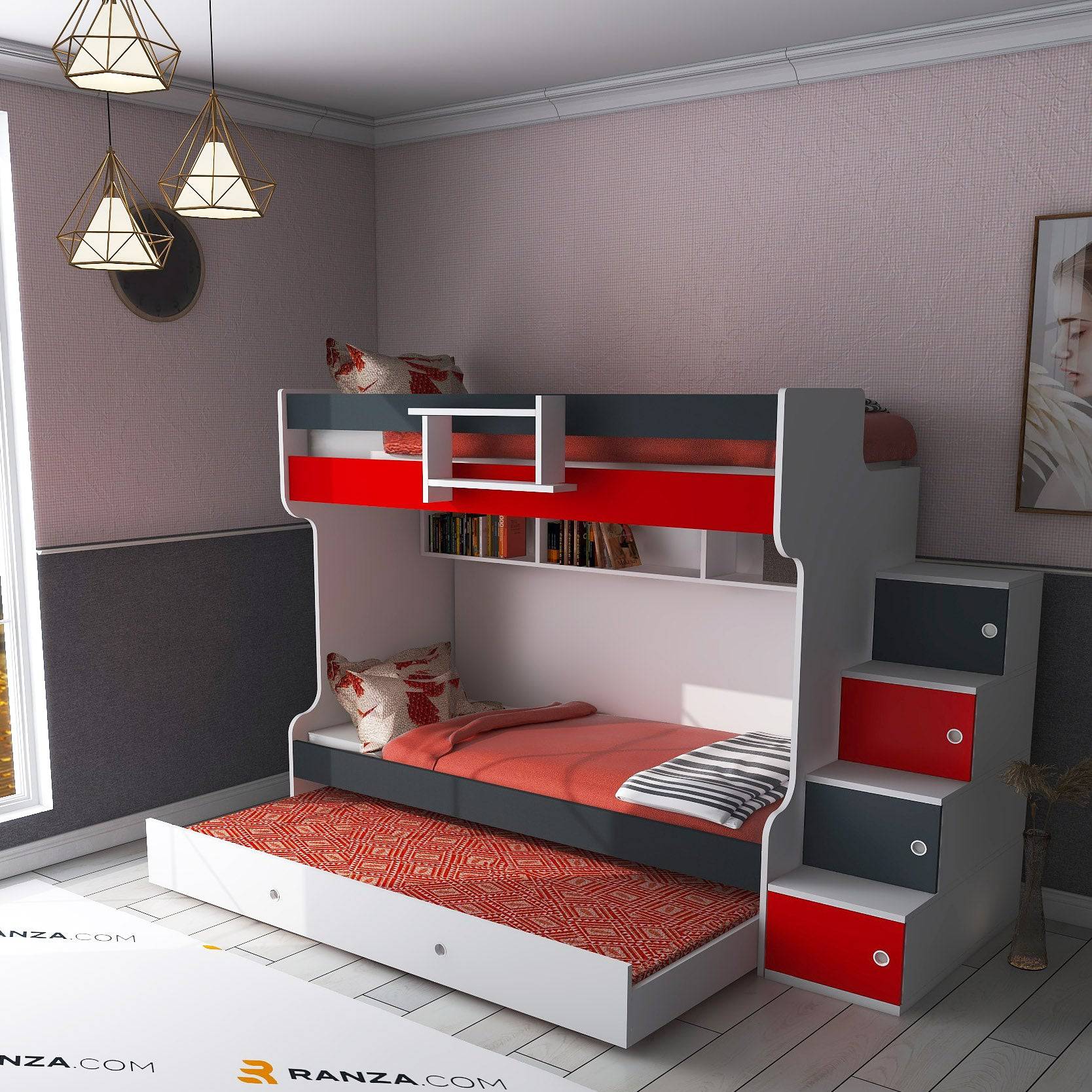 Pela Ranza Modelleri, Antrasit Gri- Kırmızı Renk, 3'LÜ Yavrulu Ranza Modelleri