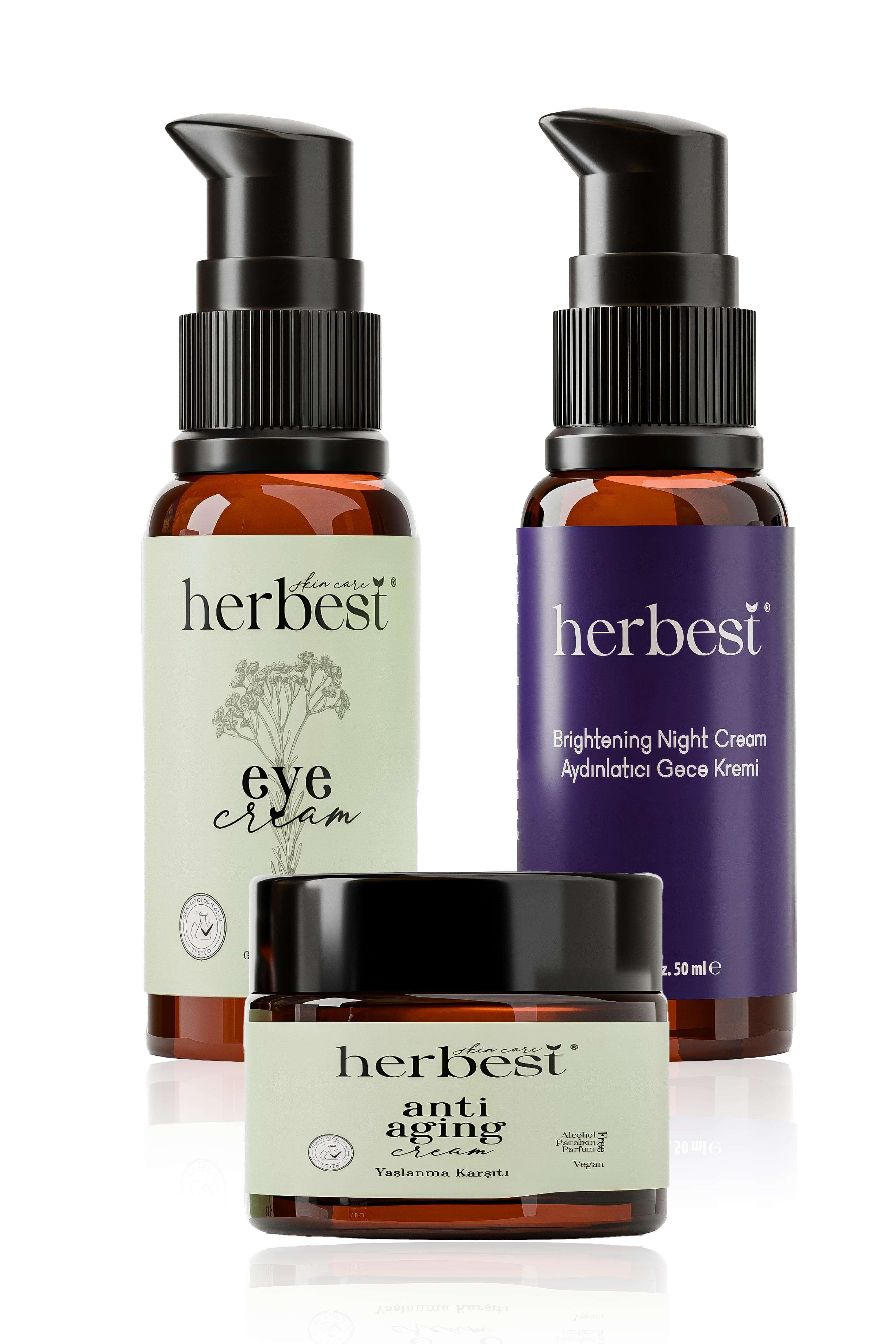 Herbest Aydınlatıcı Gece Kremi + Göz Çevresi Kremi + Anti Aging Krem Set