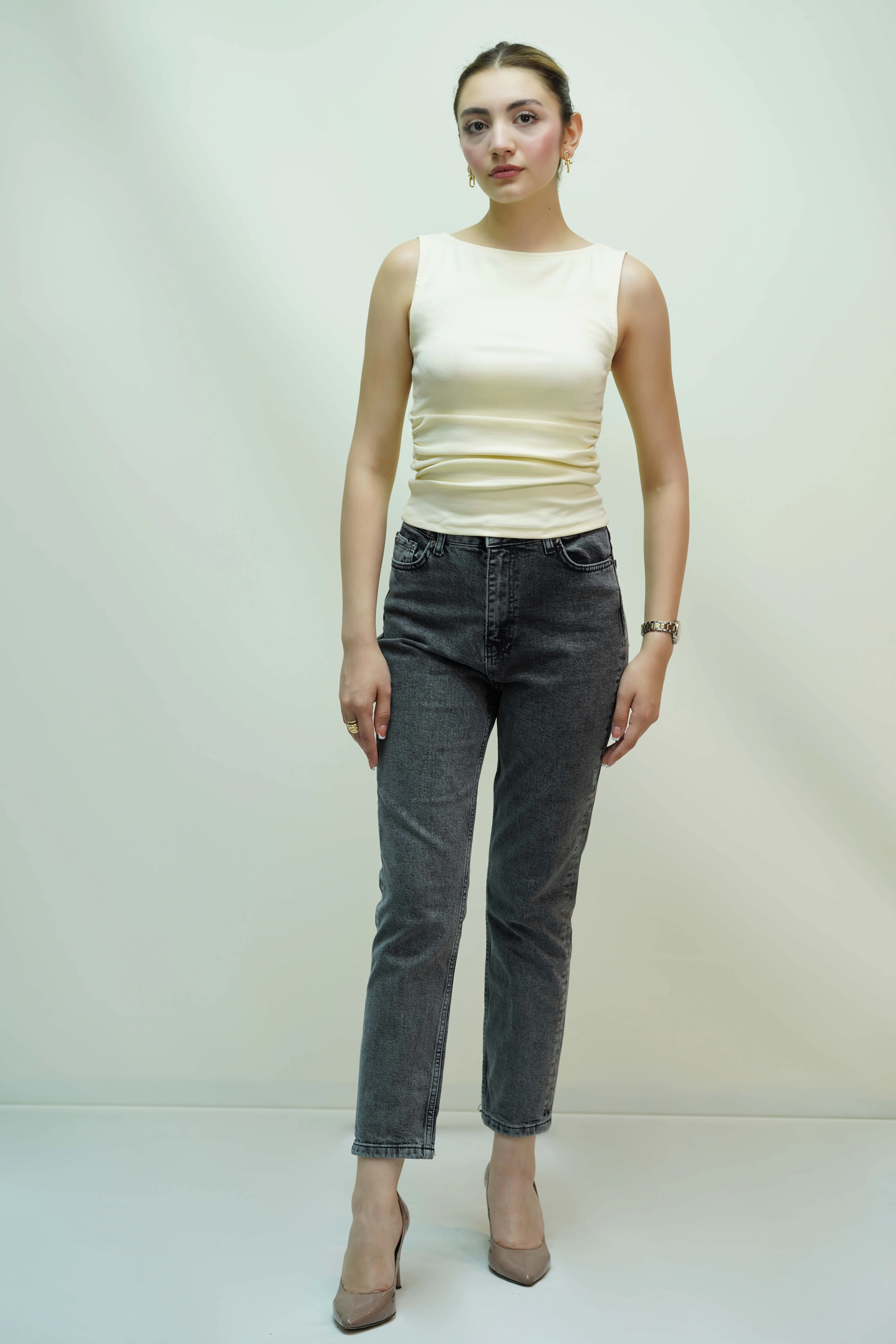 Büzgülü Kayık Yaka Top- - Açık Sarı