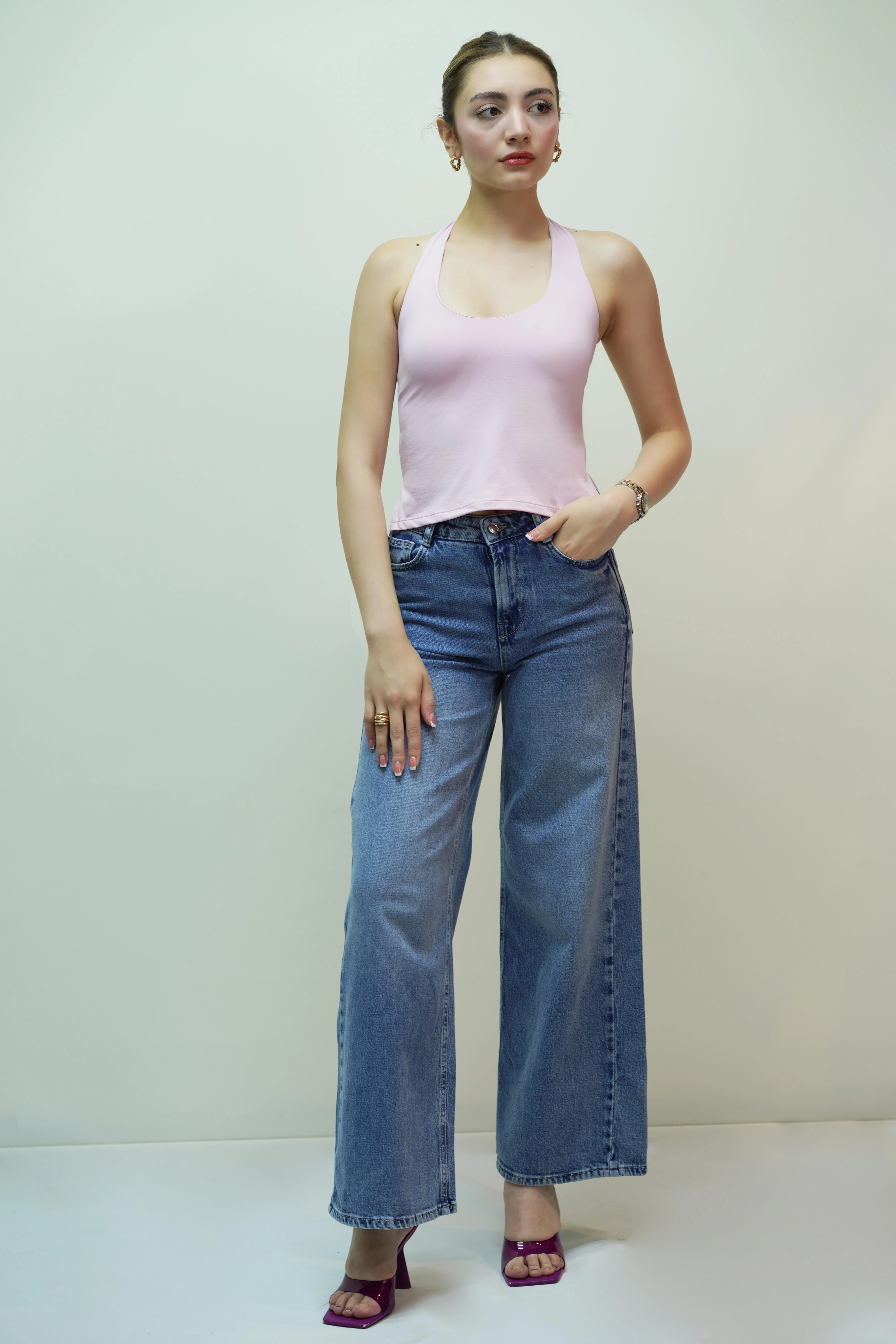 Halter Yaka Top - Toz Pembe