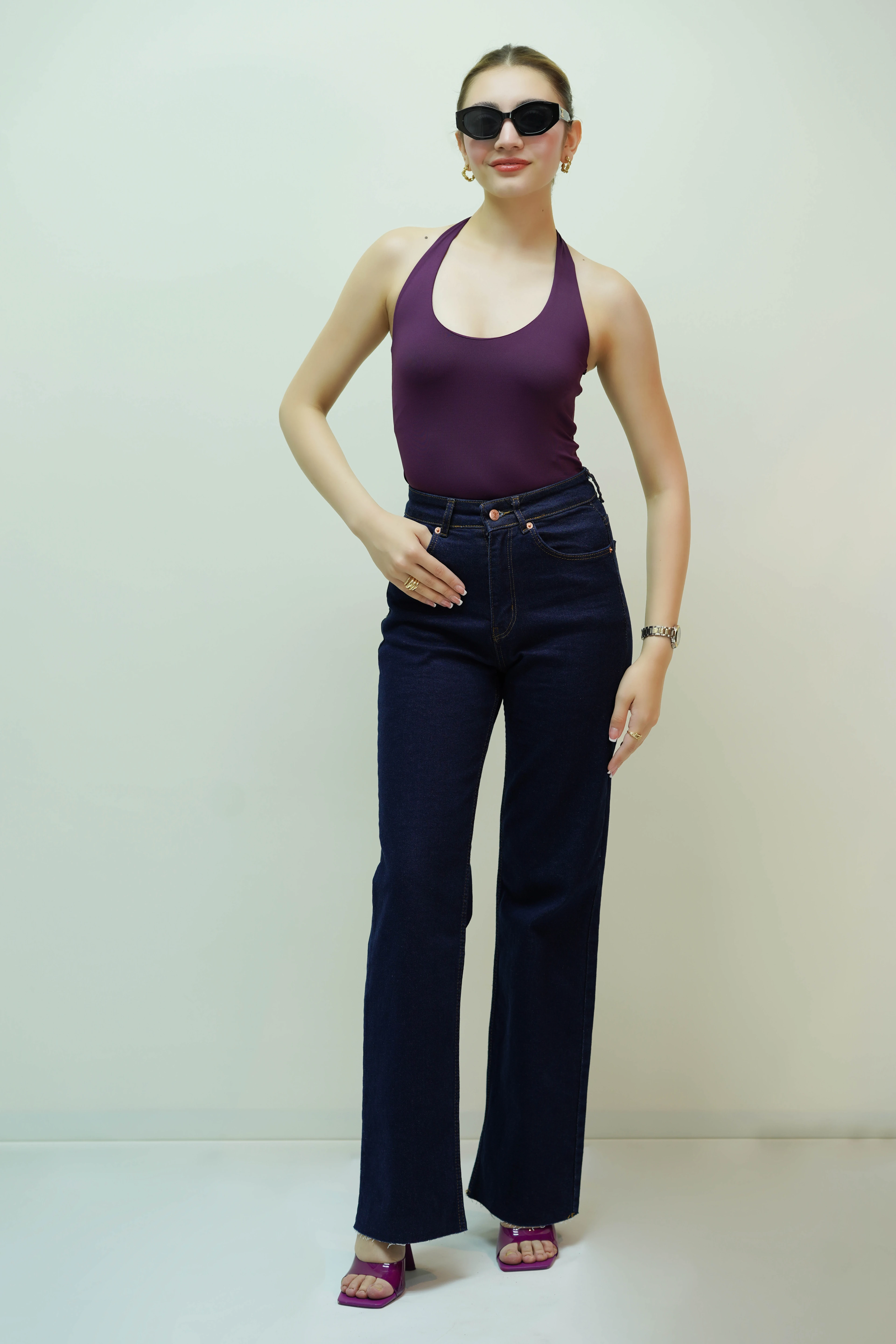 Halter Yaka Top - Mor