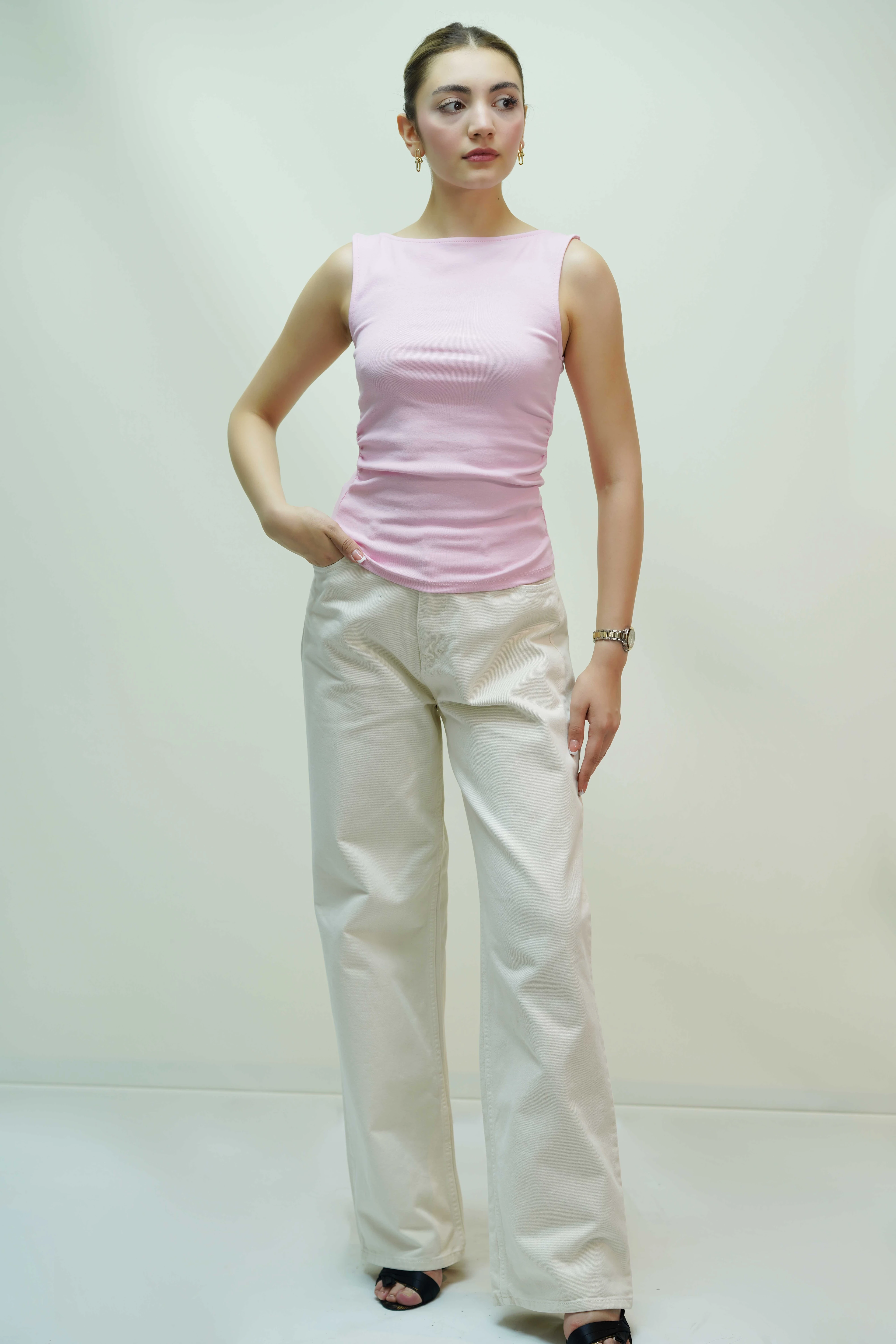 Büzgülü Kayık Yaka Top- - Toz Pembe