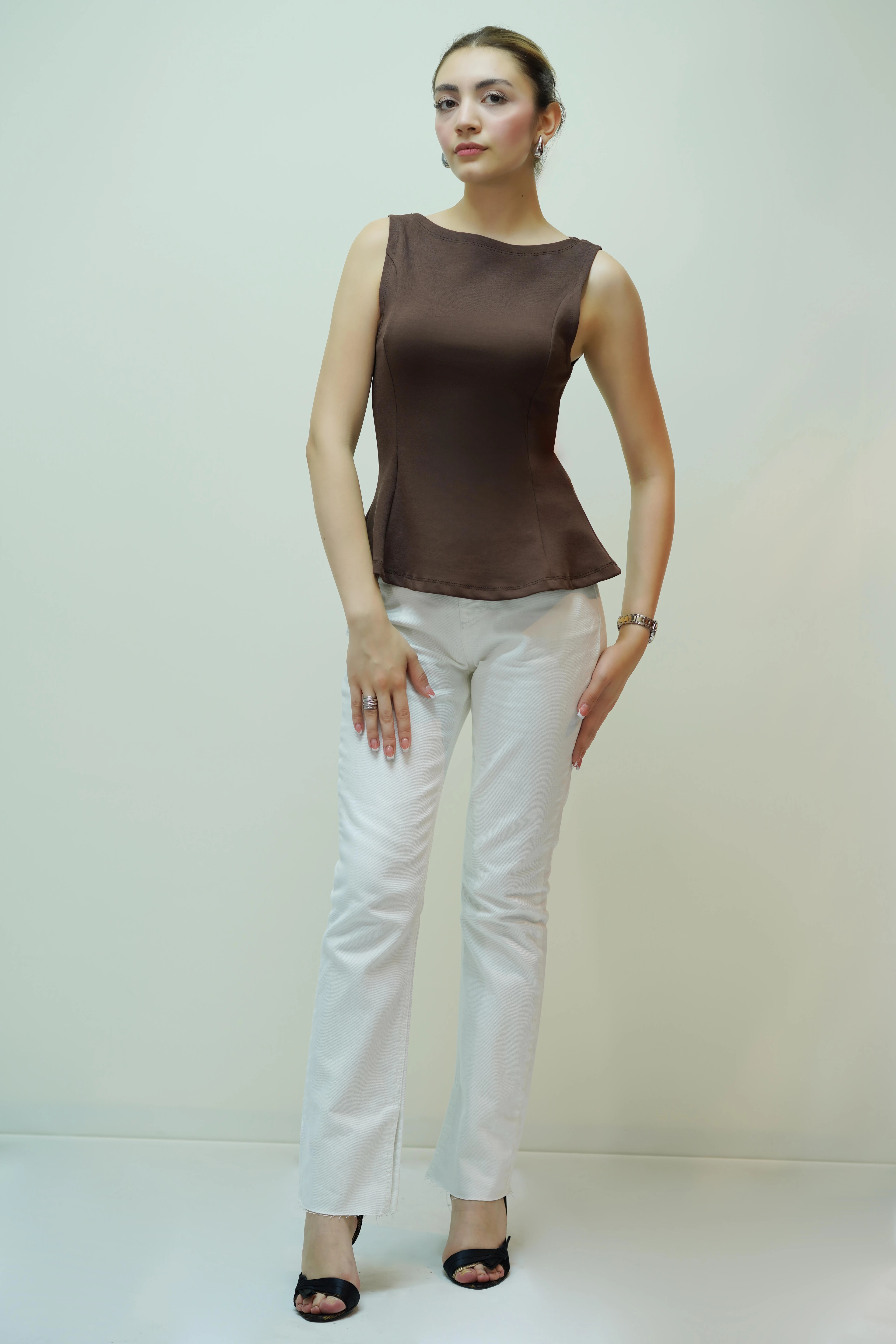 Kayık Yaka Peplum Top - Açık Kahve