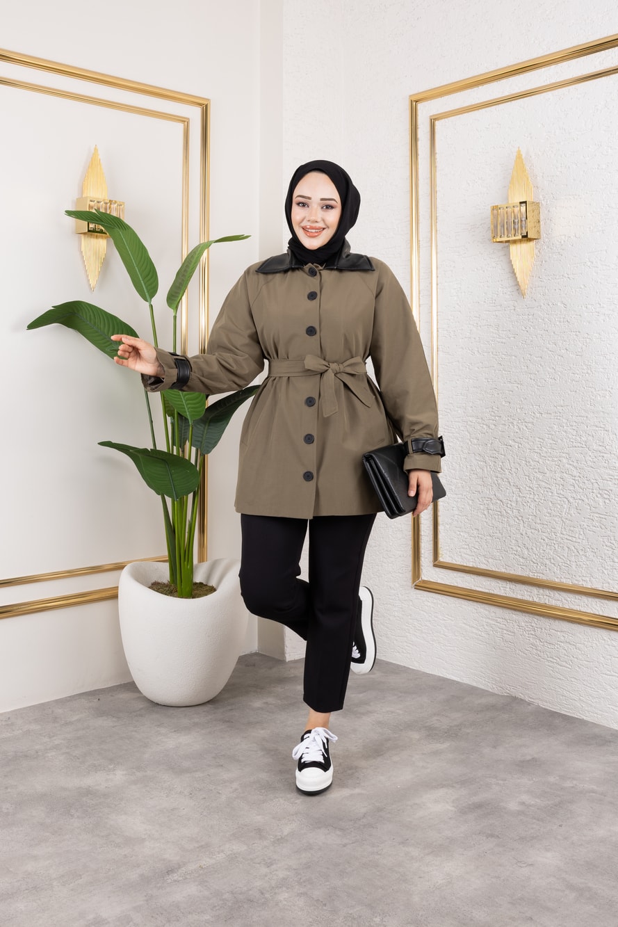 Deri Detaylı Trençkot