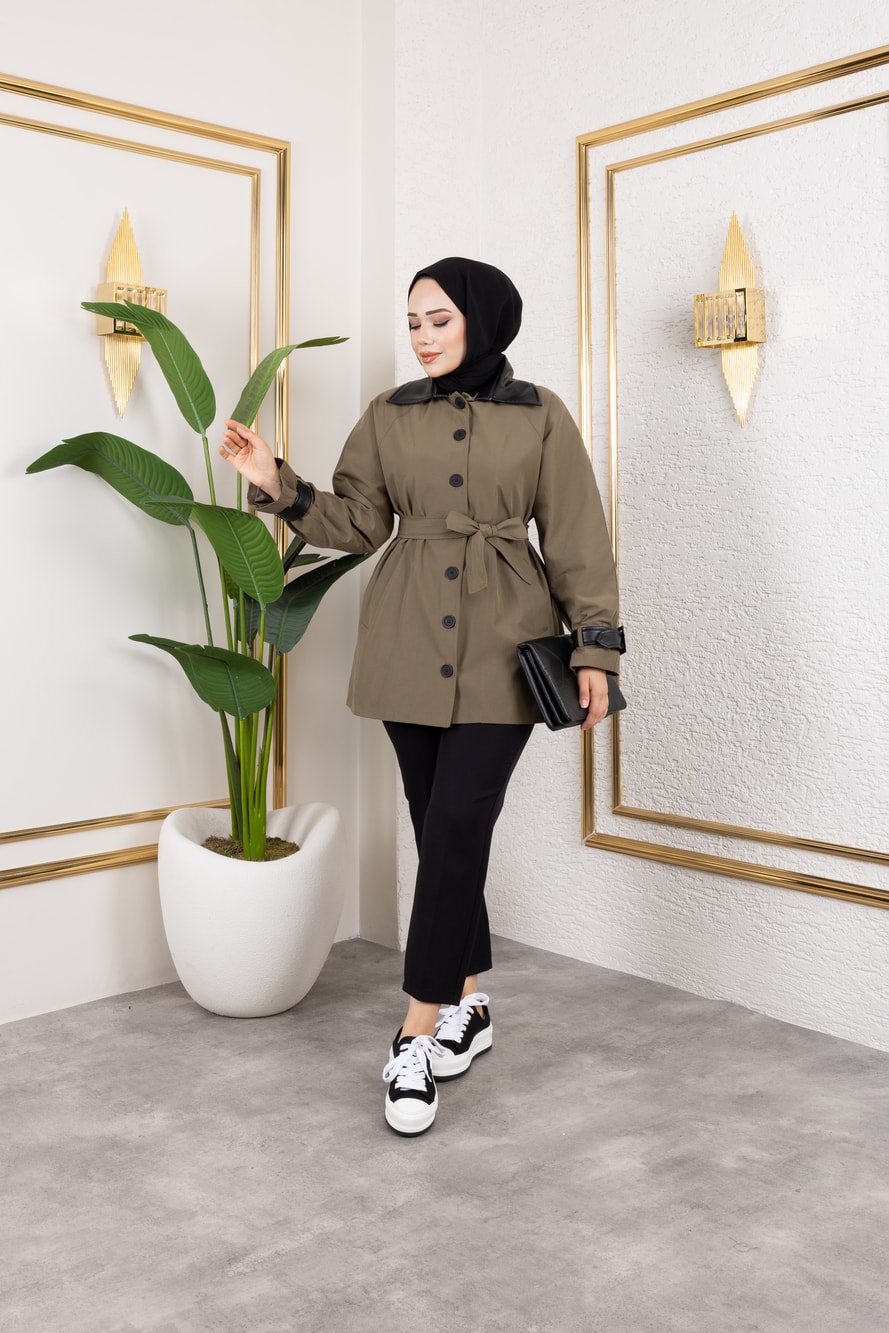 Deri Detaylı Trençkot