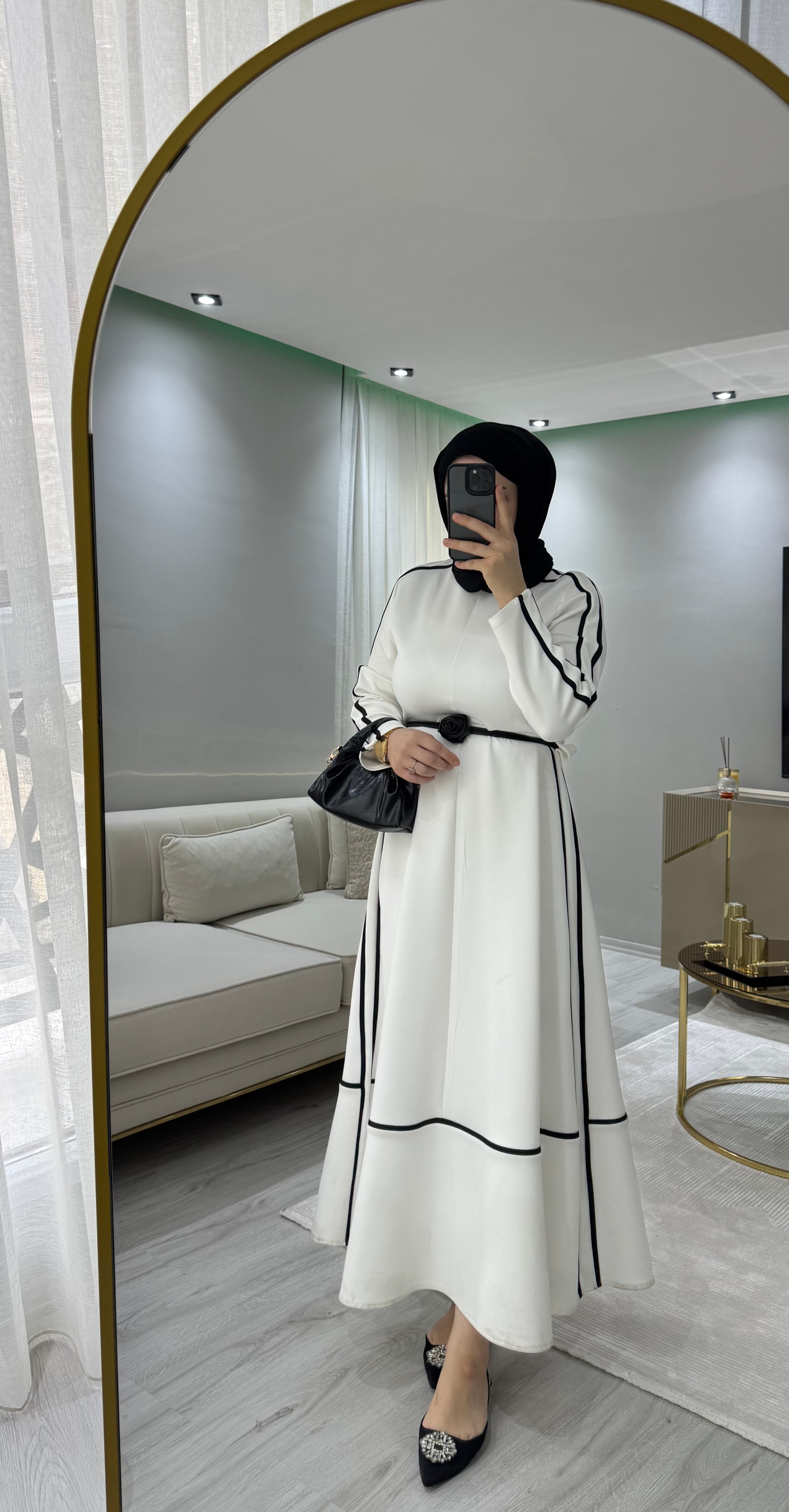 Scuba Şerit Elbise - Beyaz