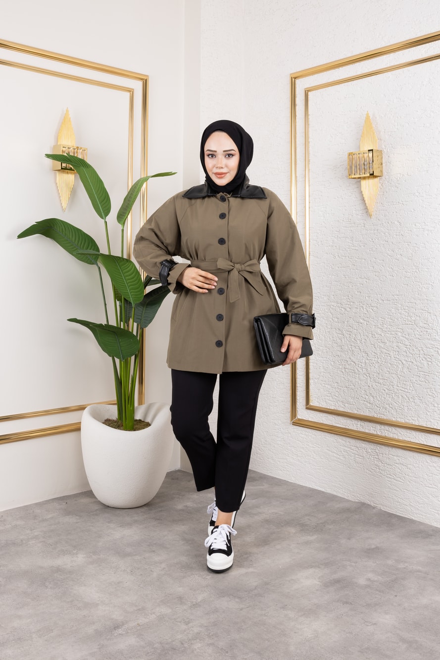 Deri Detaylı Trençkot