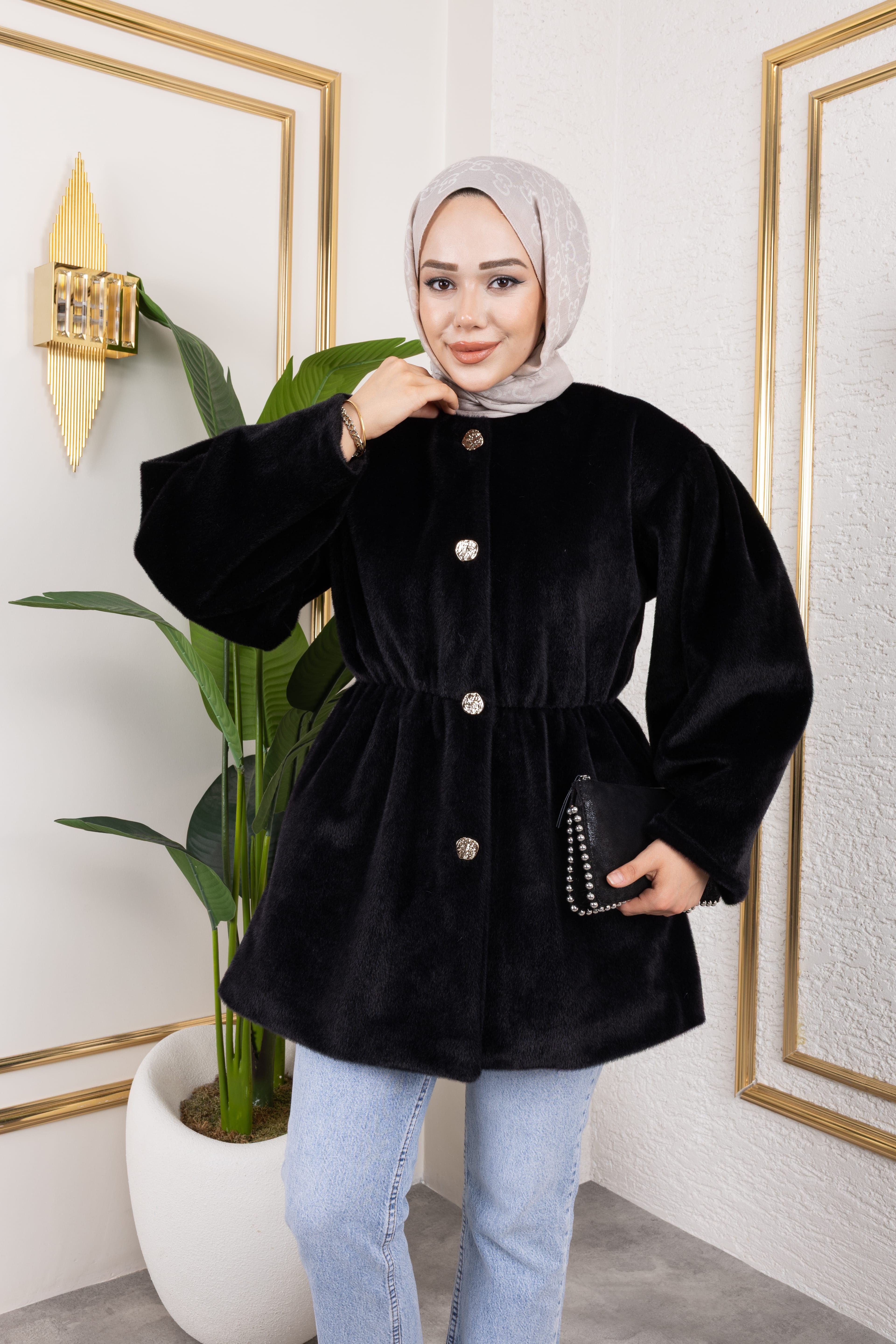 Peluş Puf Kap - Siyah