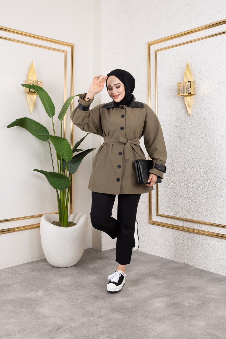 Deri Detaylı Trençkot