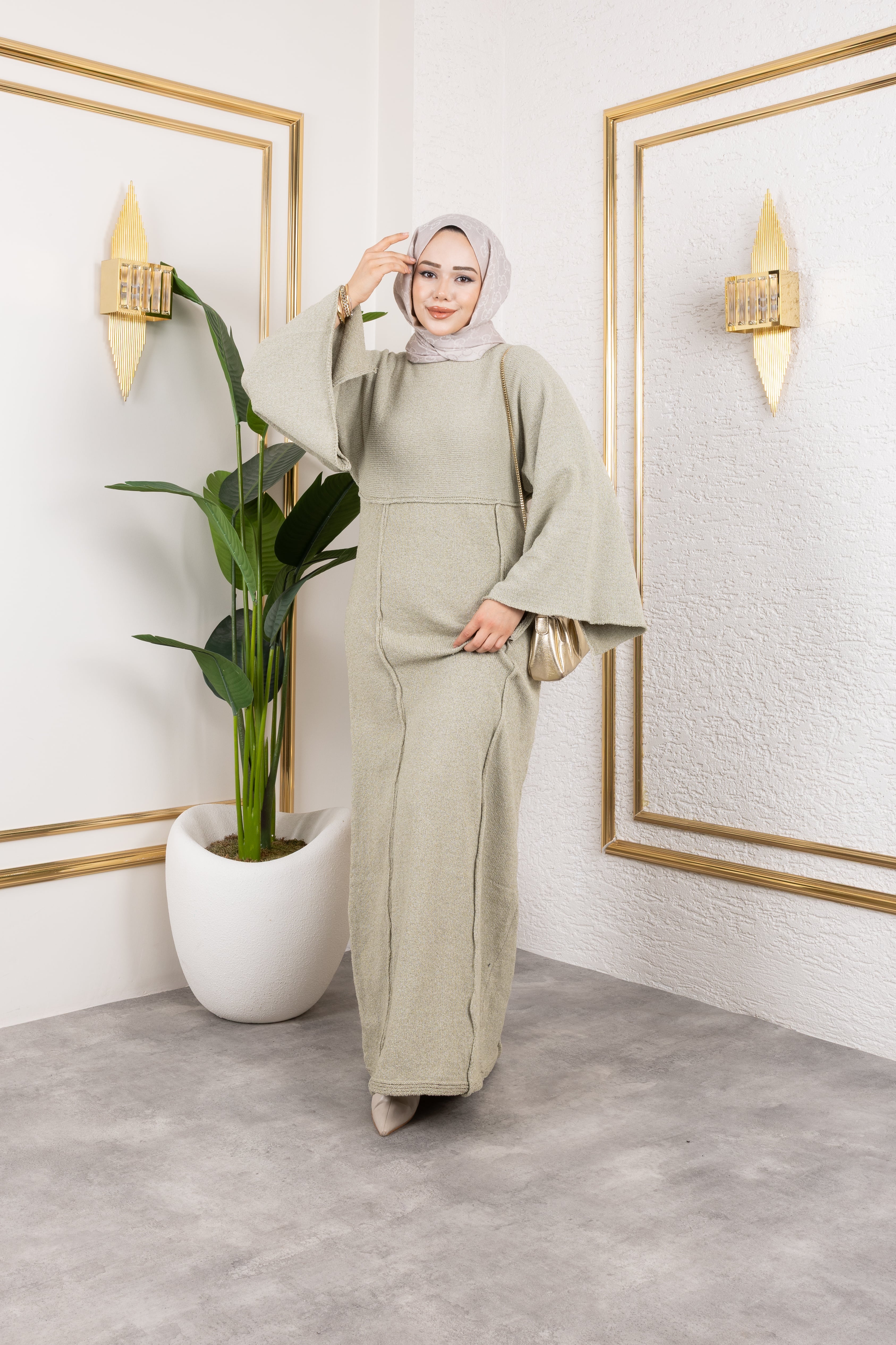 Örgü Kumaş Şeritli Elbise