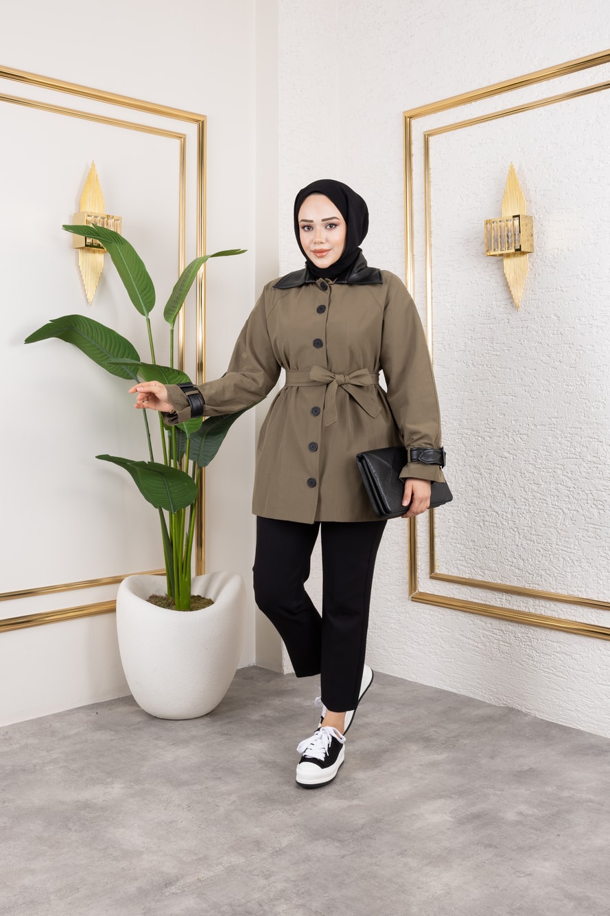 Deri Detaylı Trençkot - Haki Yeşil