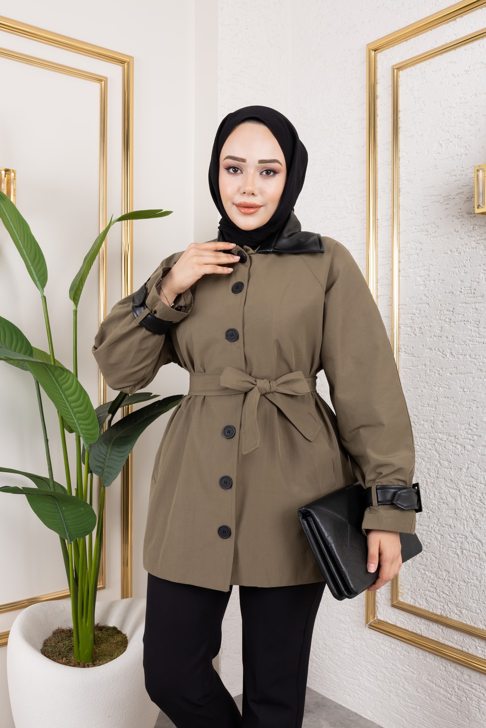 Deri Detaylı Trençkot