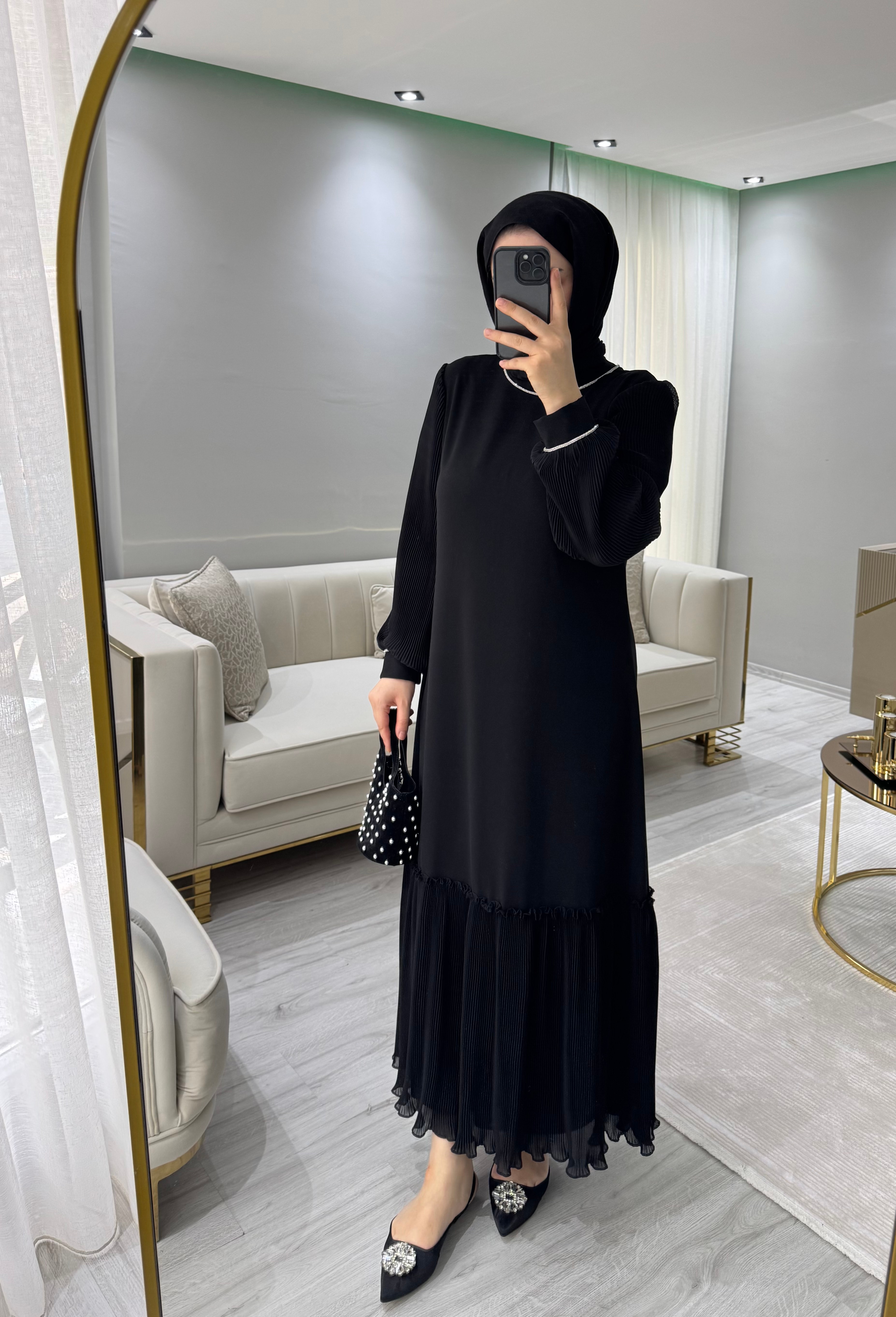 Krep Güpürlü Elbise - Siyah