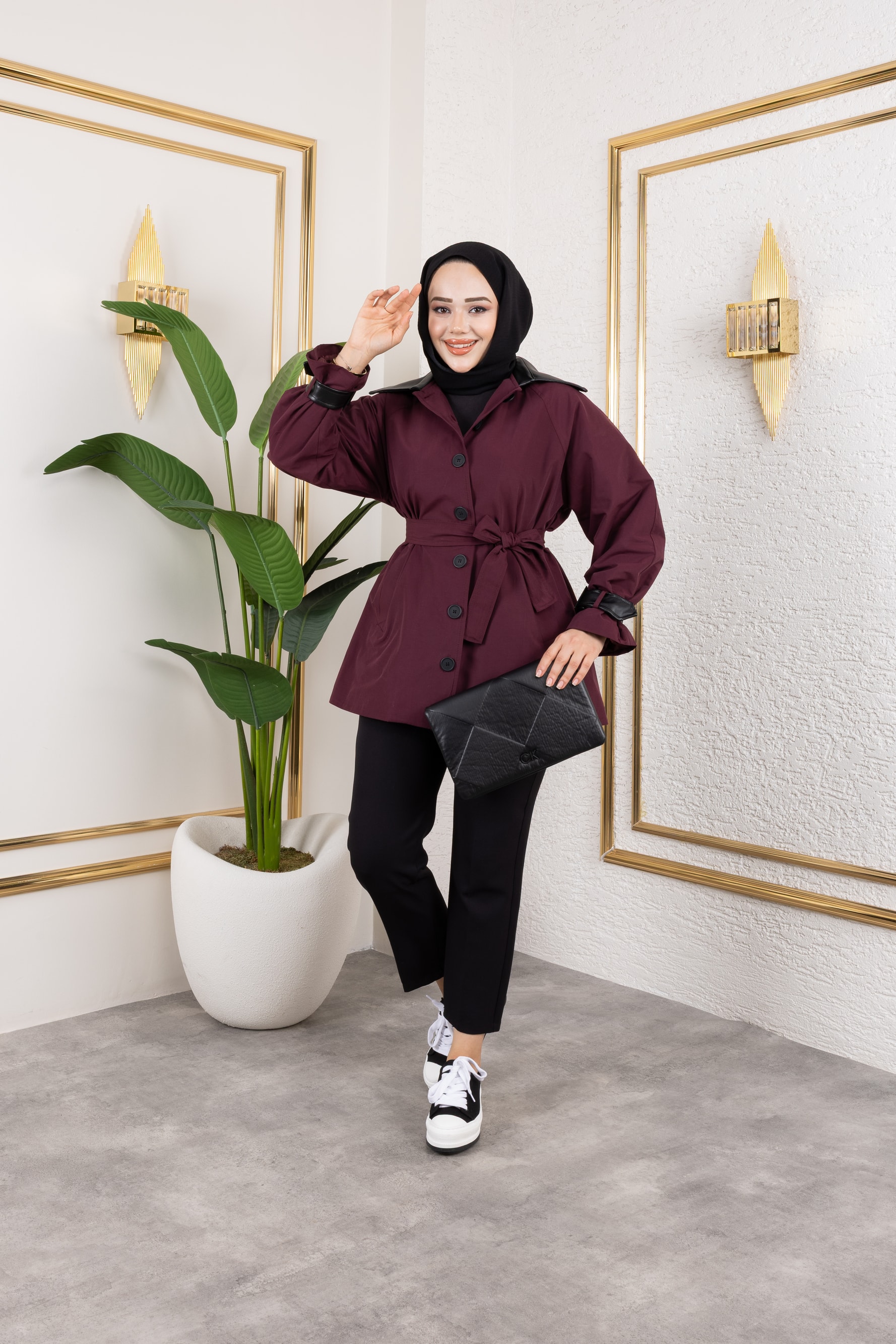 Deri Detaylı Trençkot - Bordo