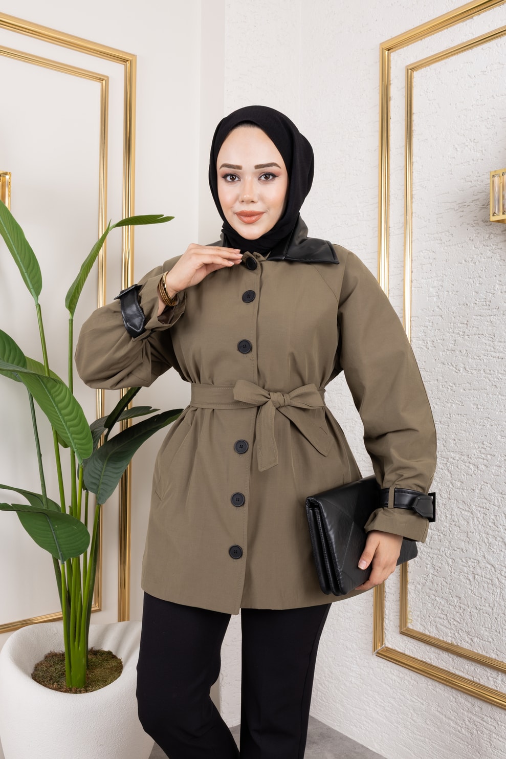 Deri Detaylı Trençkot