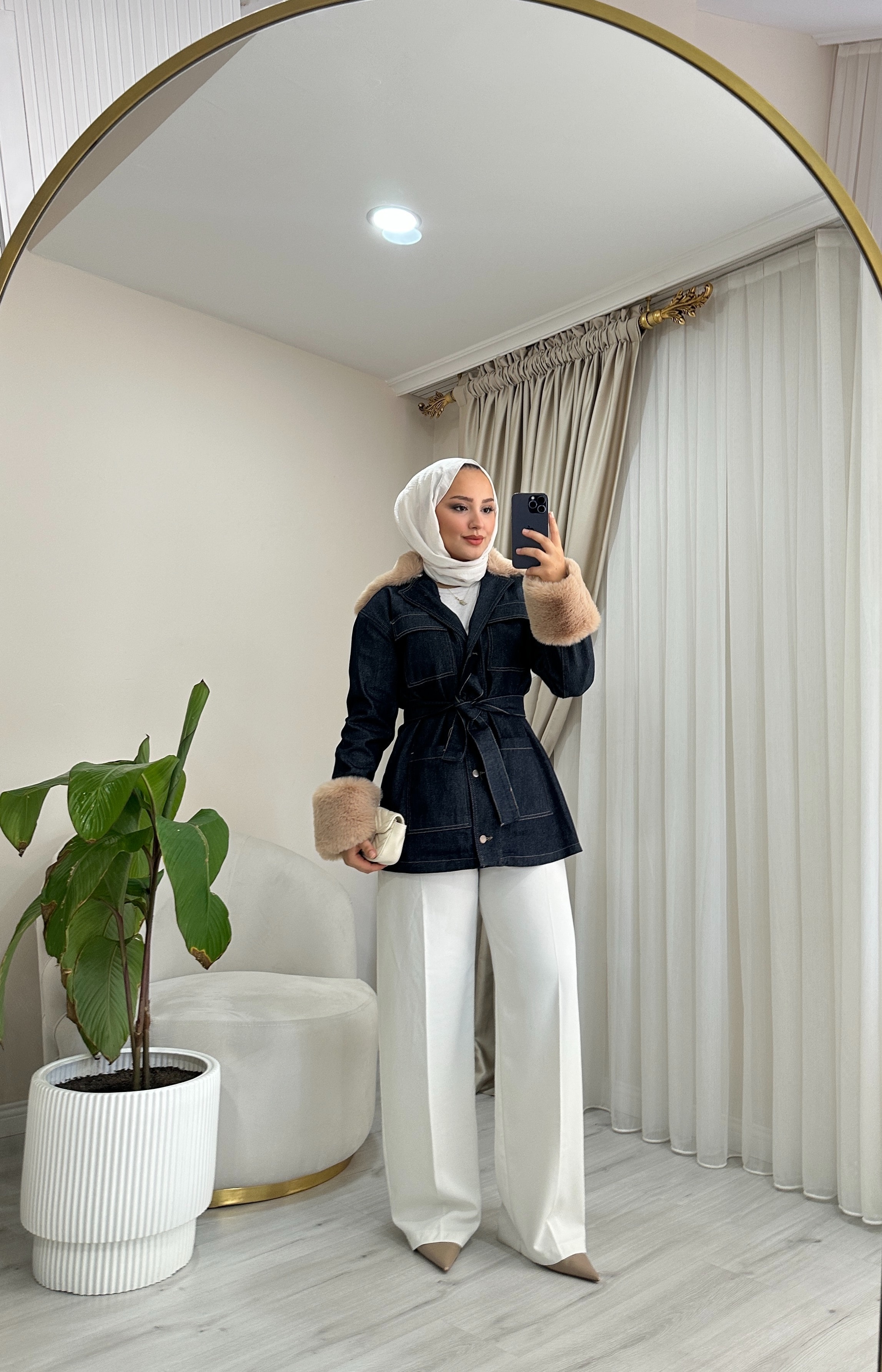 Seyyar Peluşlu Kot Ceket - Koyu Denim Mavisi