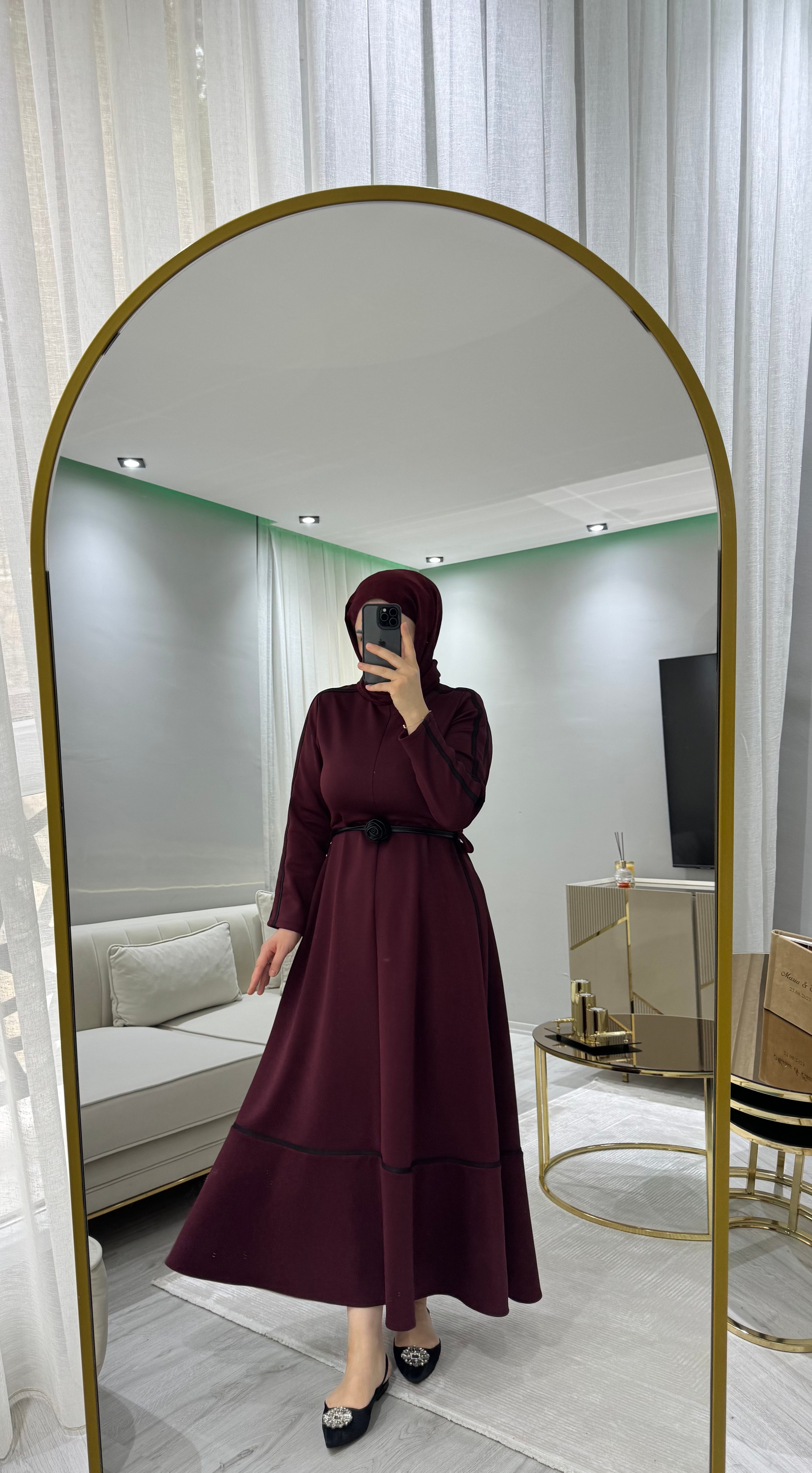 Scuba Şerit Elbise - Bordo