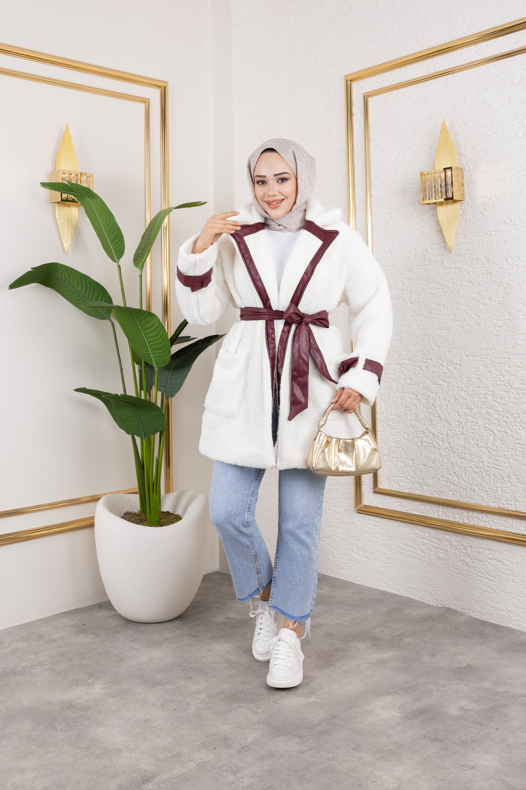 Deri Detaylı Peluş Mont - Bordo