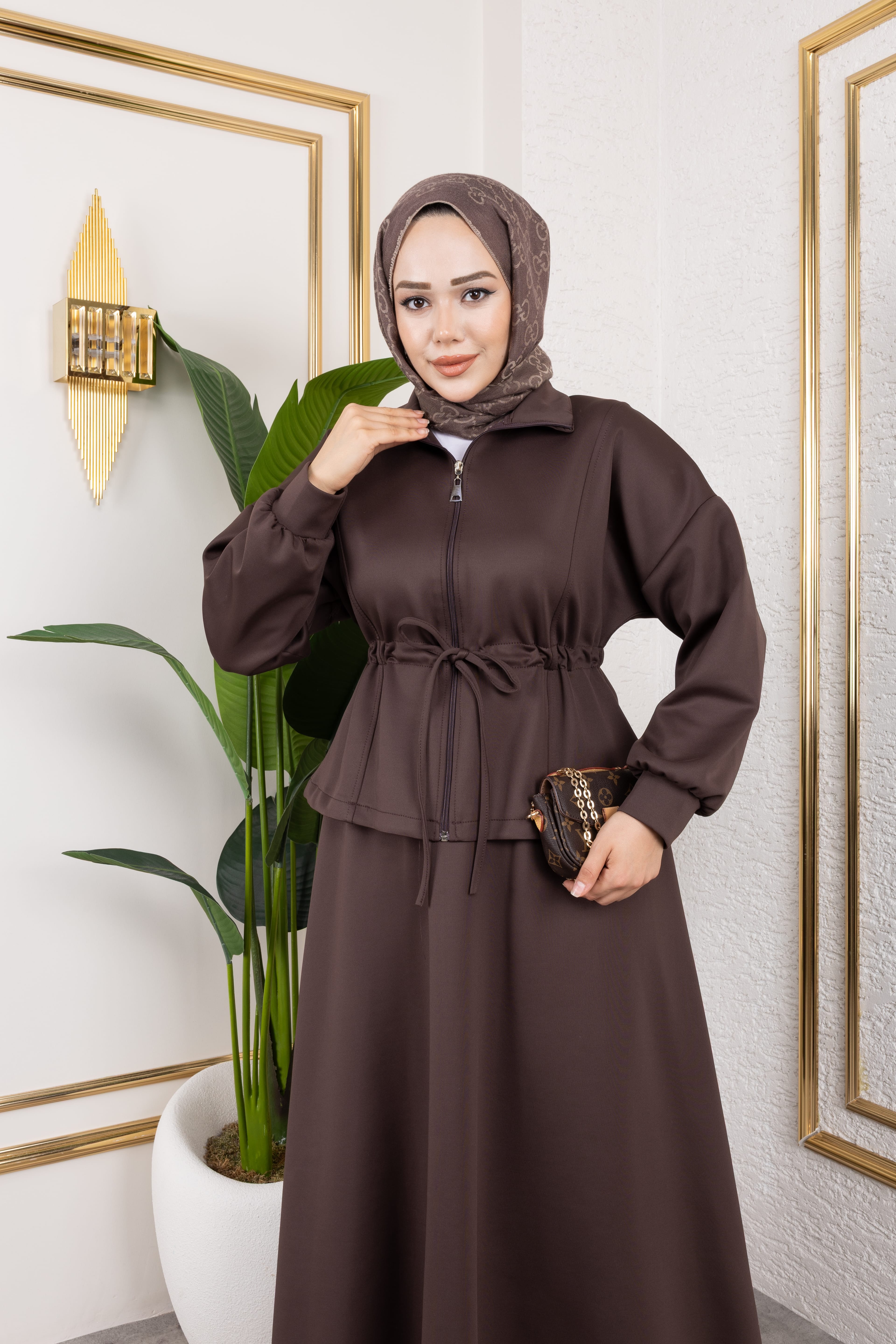 Scuba Kumaş Etekli Takım - Kahverengi