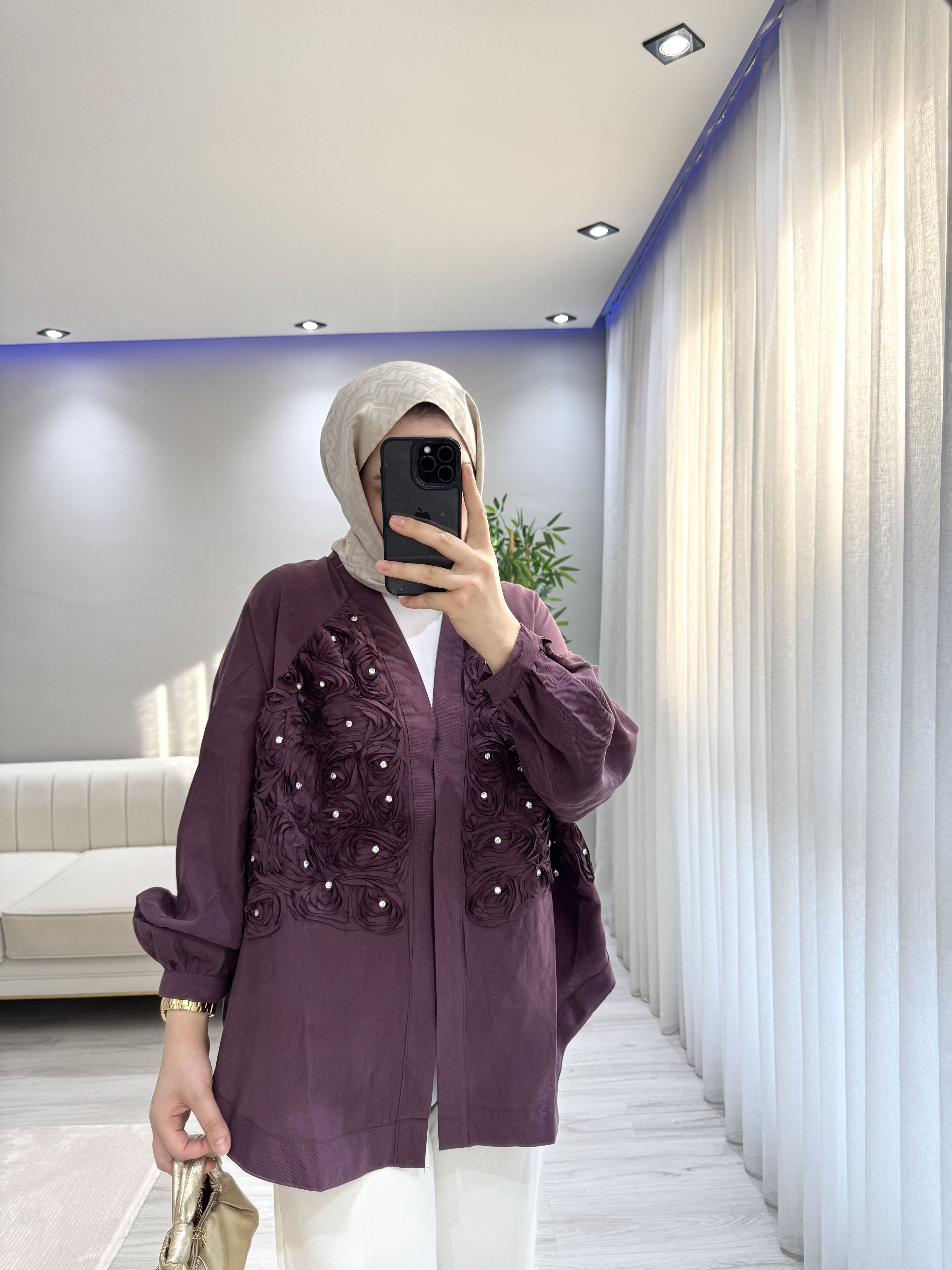 Çiçekli Taşlı Kimono - Mürdüm