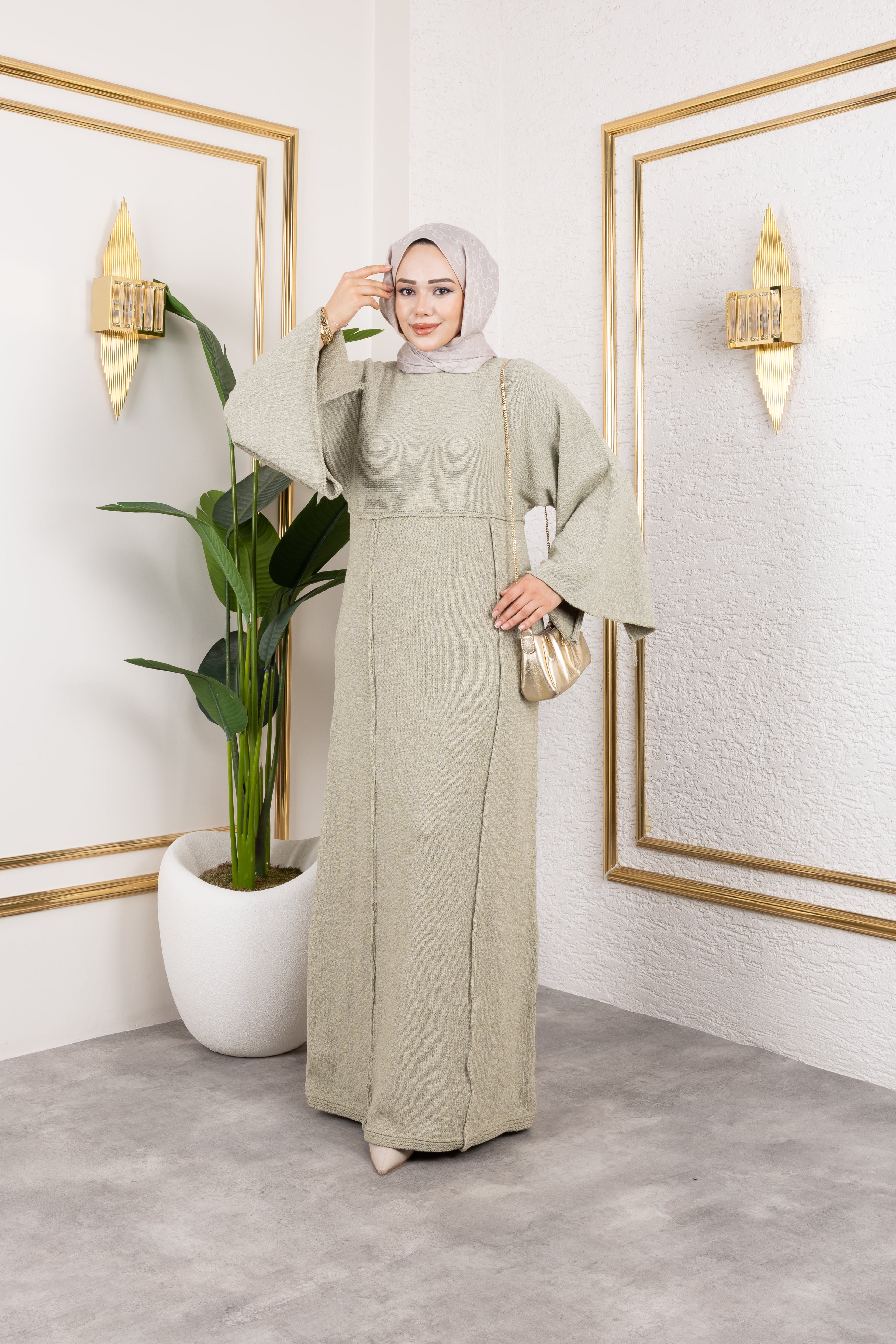 Örgü Kumaş Şeritli Elbise