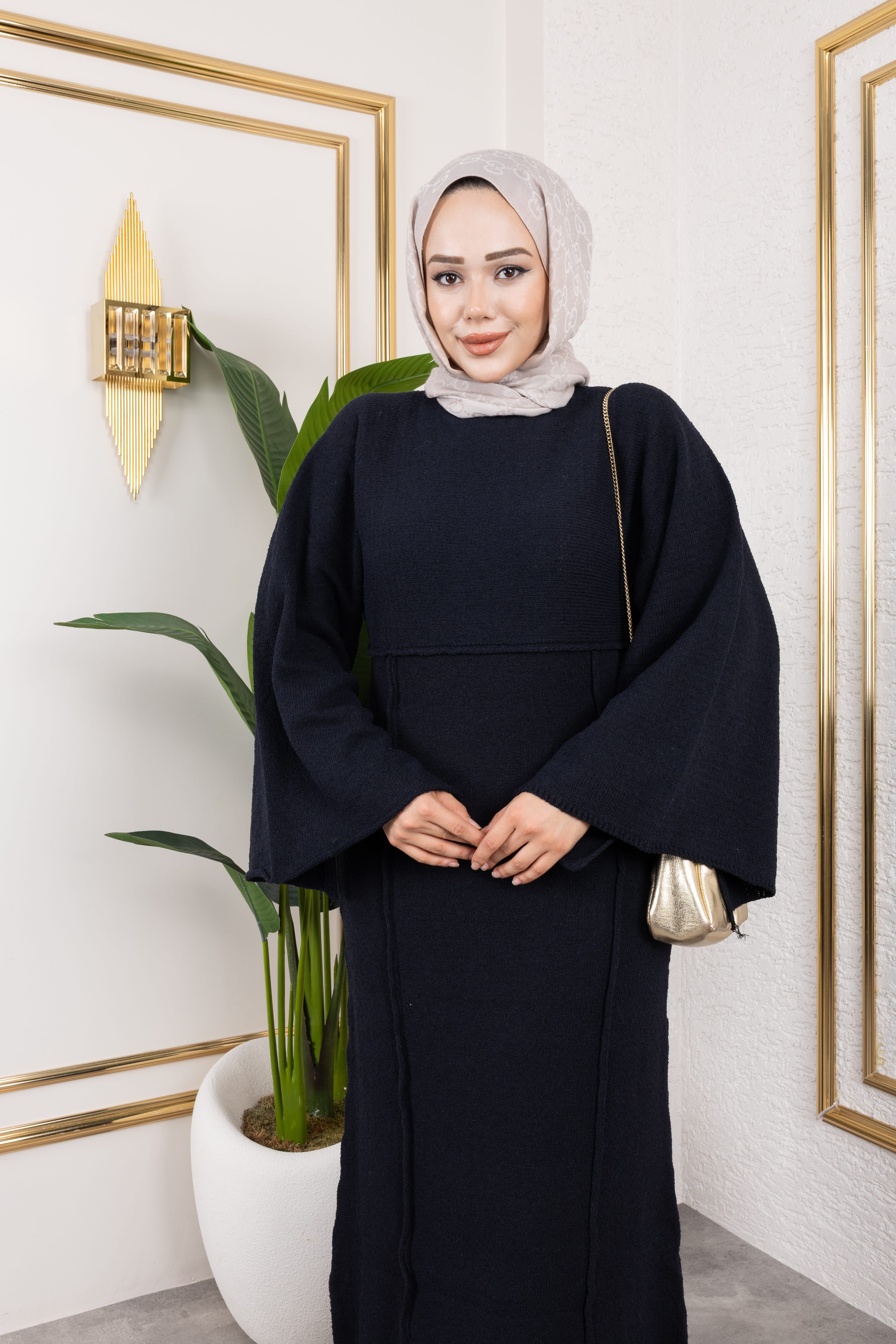 Örgü Kumaş Şeritli Elbise - Lacivert