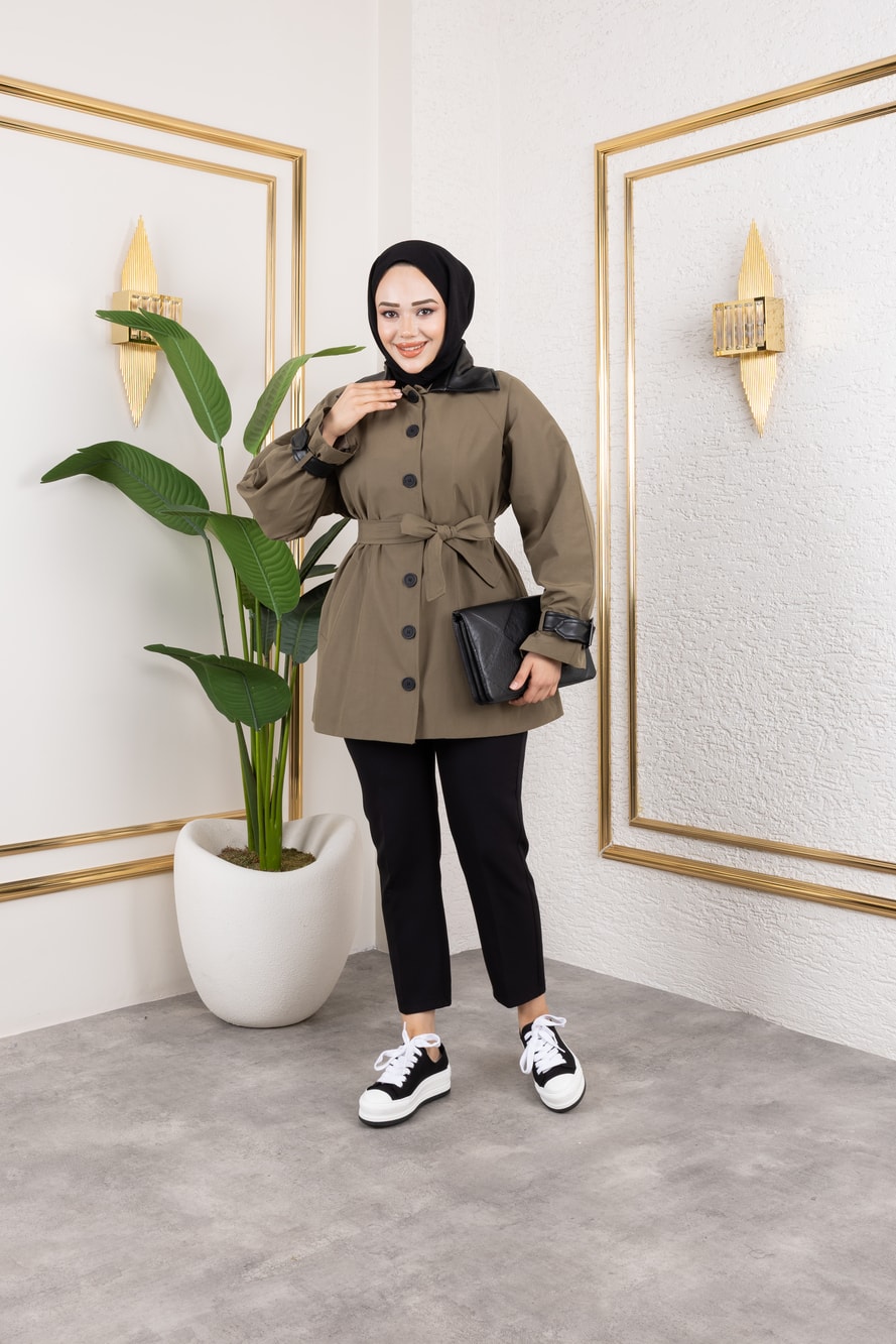 Deri Detaylı Trençkot