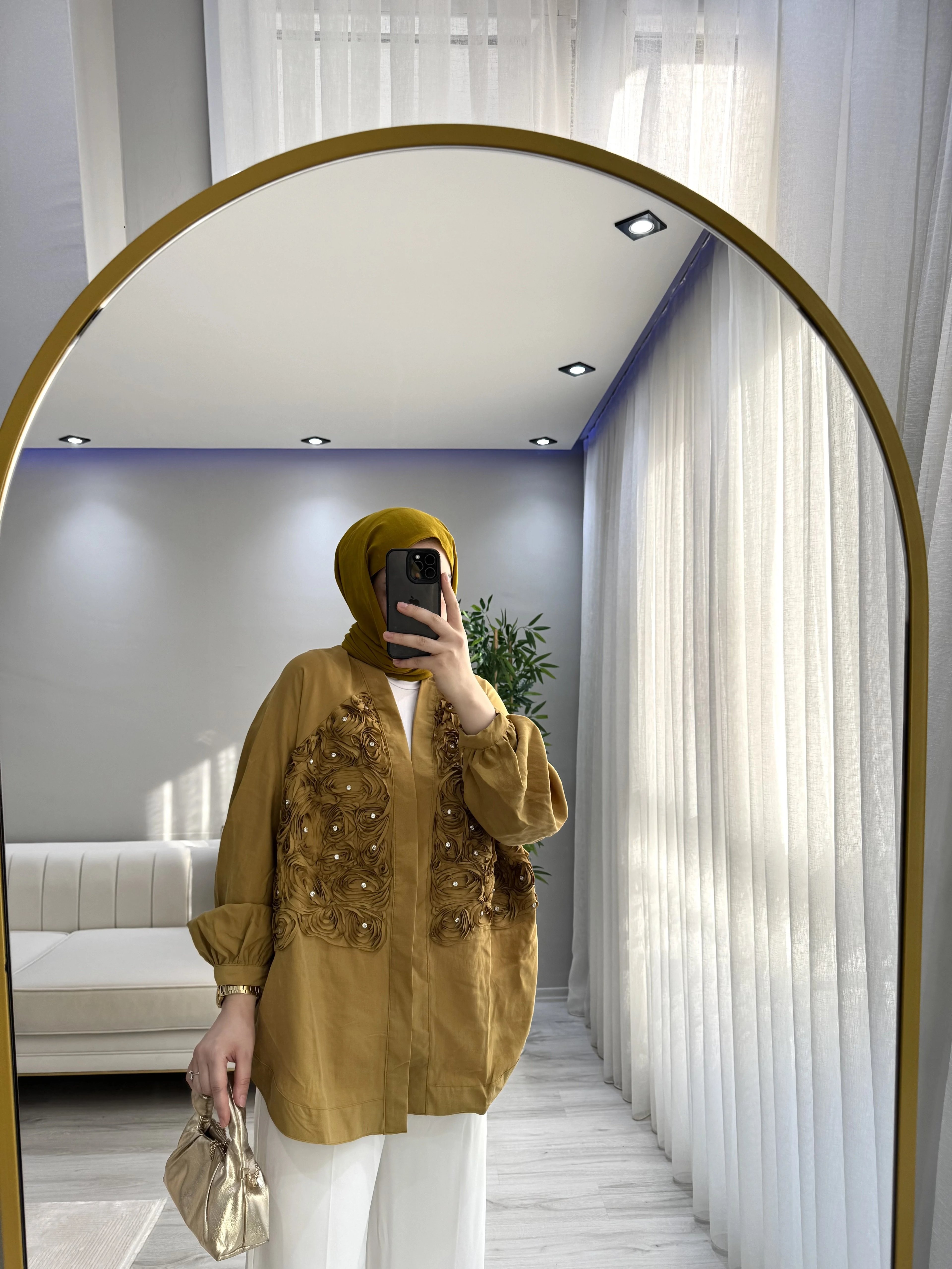 Çiçekli Taşlı Kimono - Hardal Sarısı
