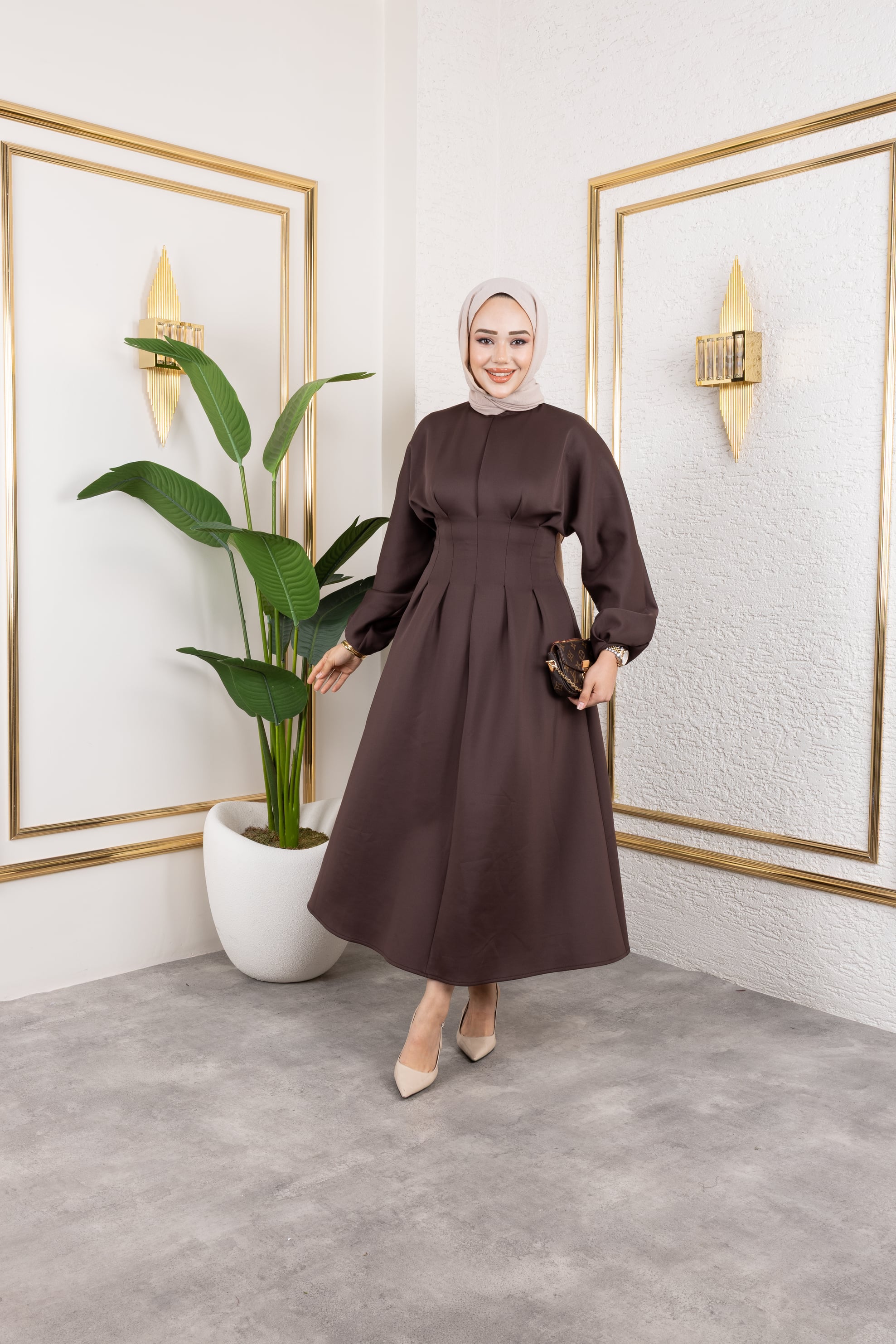 Scuba Korse Görünümlü Elbise - Kahverengi