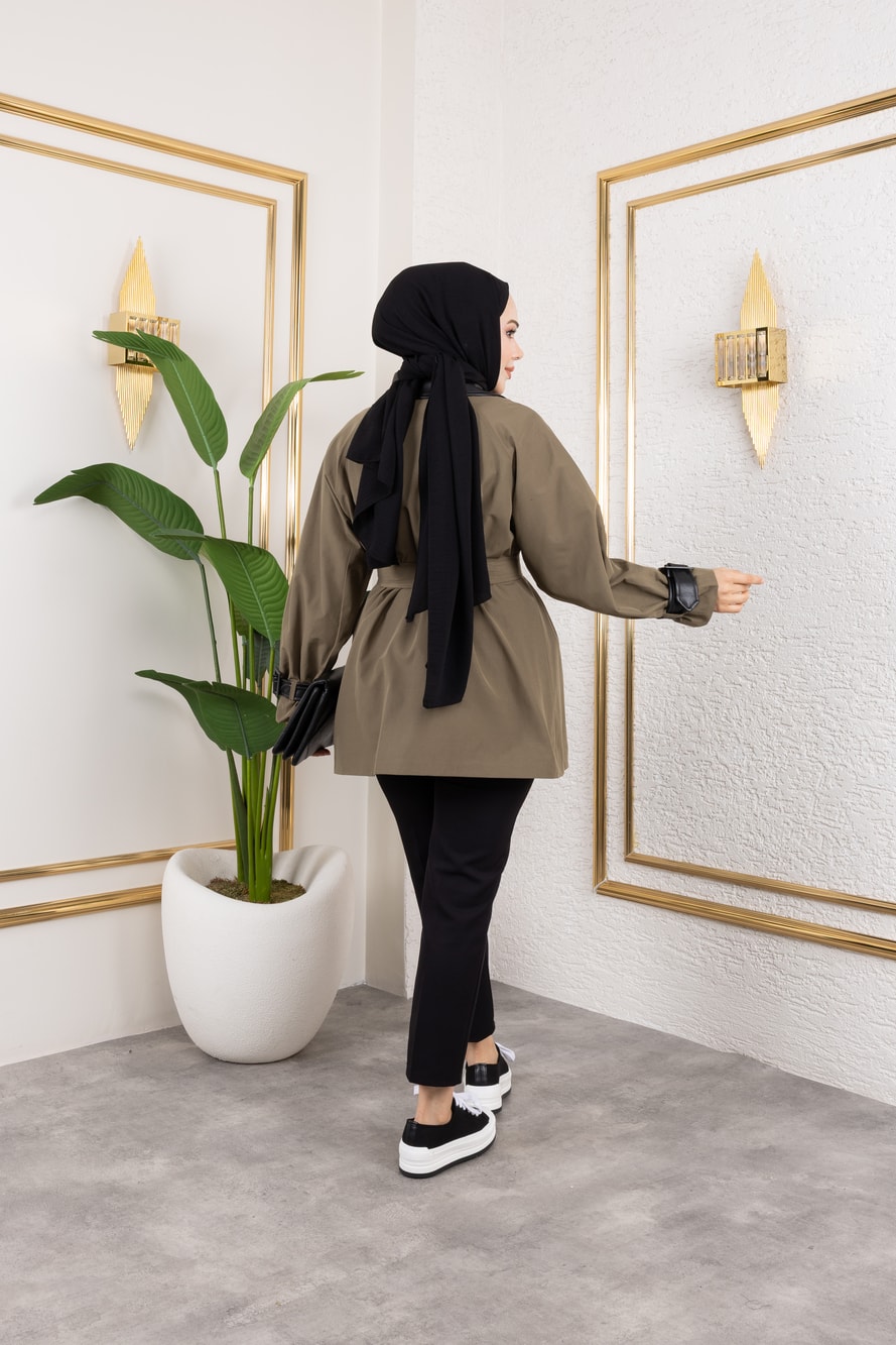 Deri Detaylı Trençkot