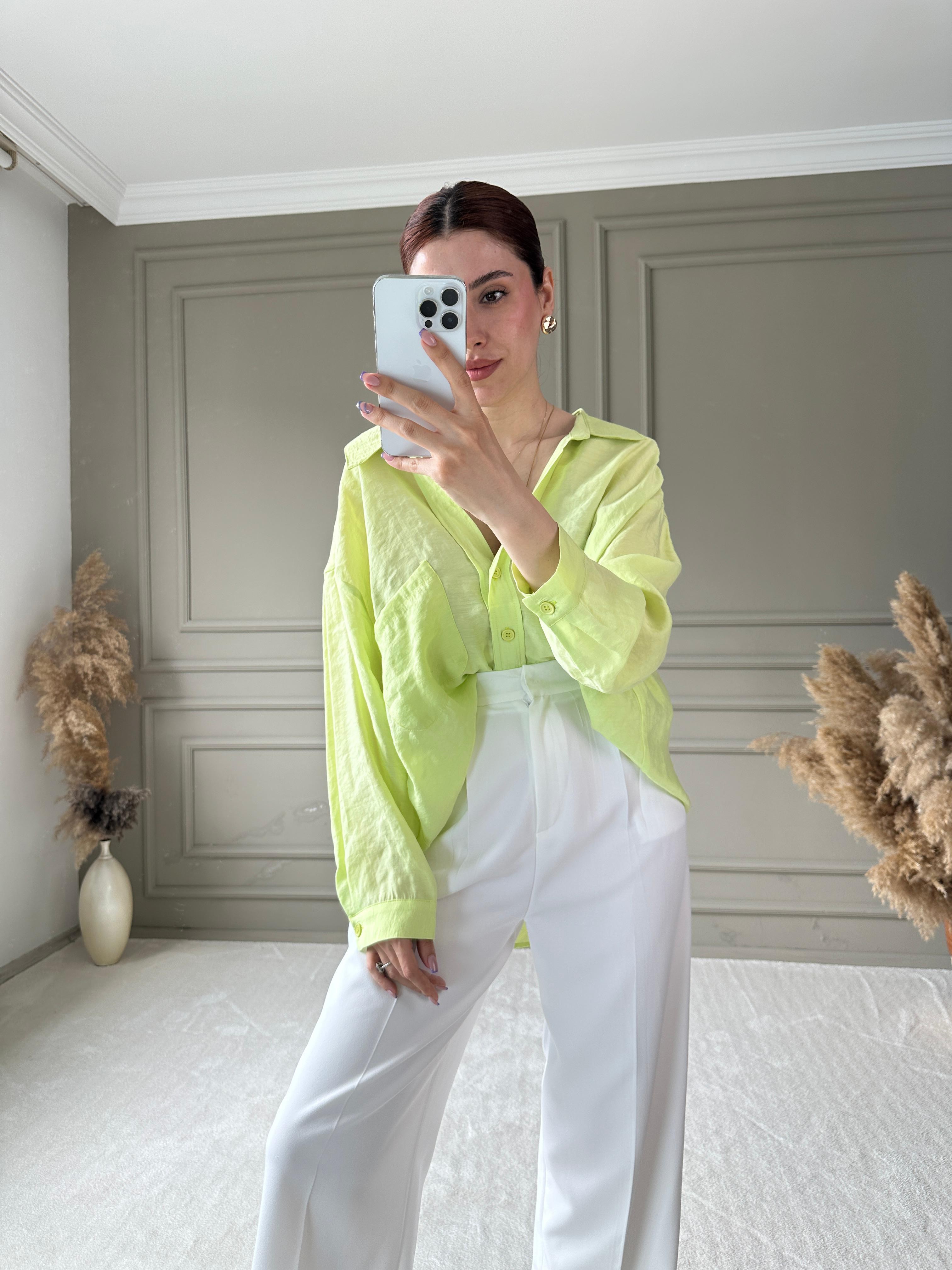 OVERSİZE TENSEL GÖMLEK - Neon Sarı