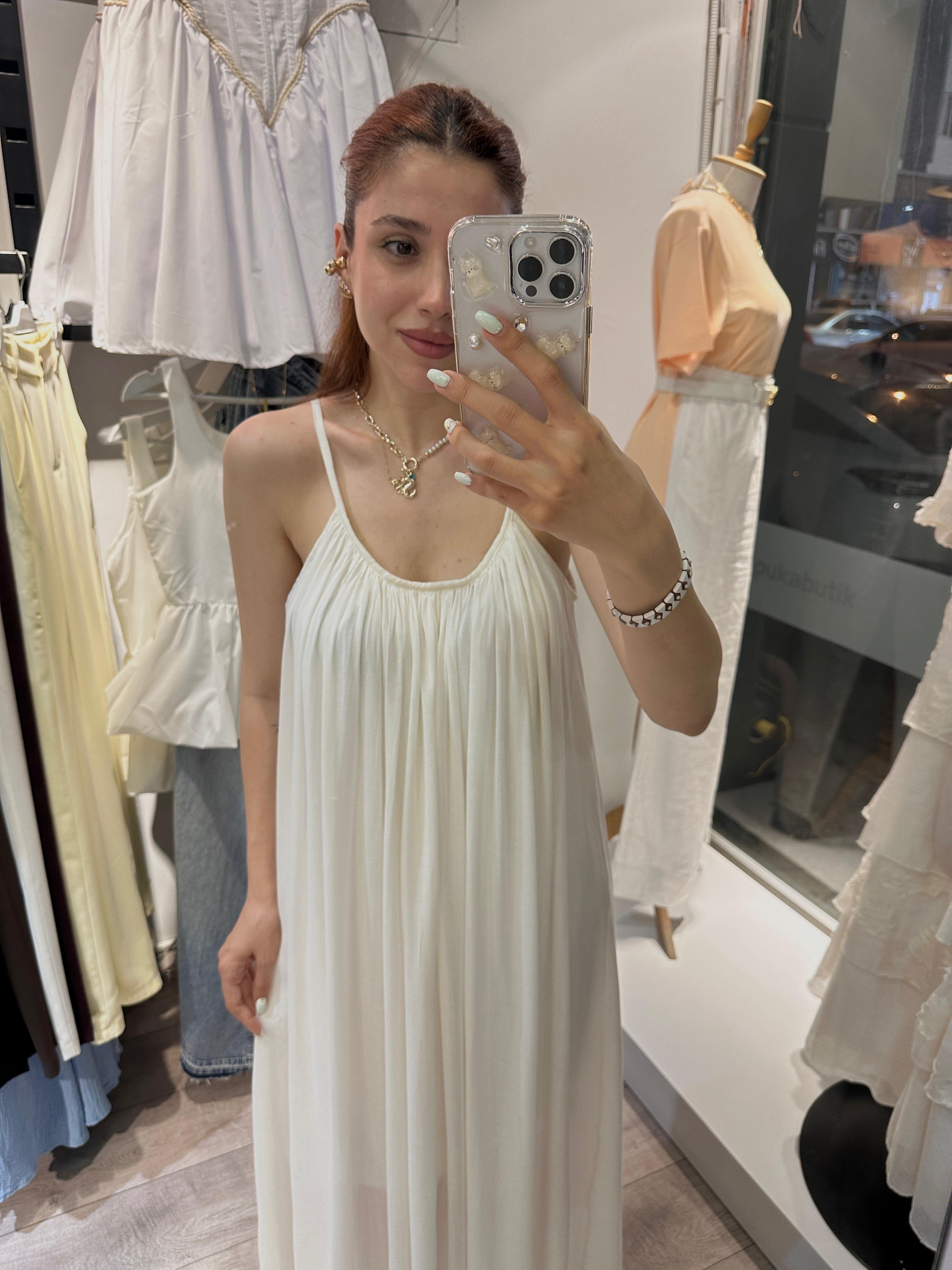 İP ASKILI MAXI ELBİSE EKRU