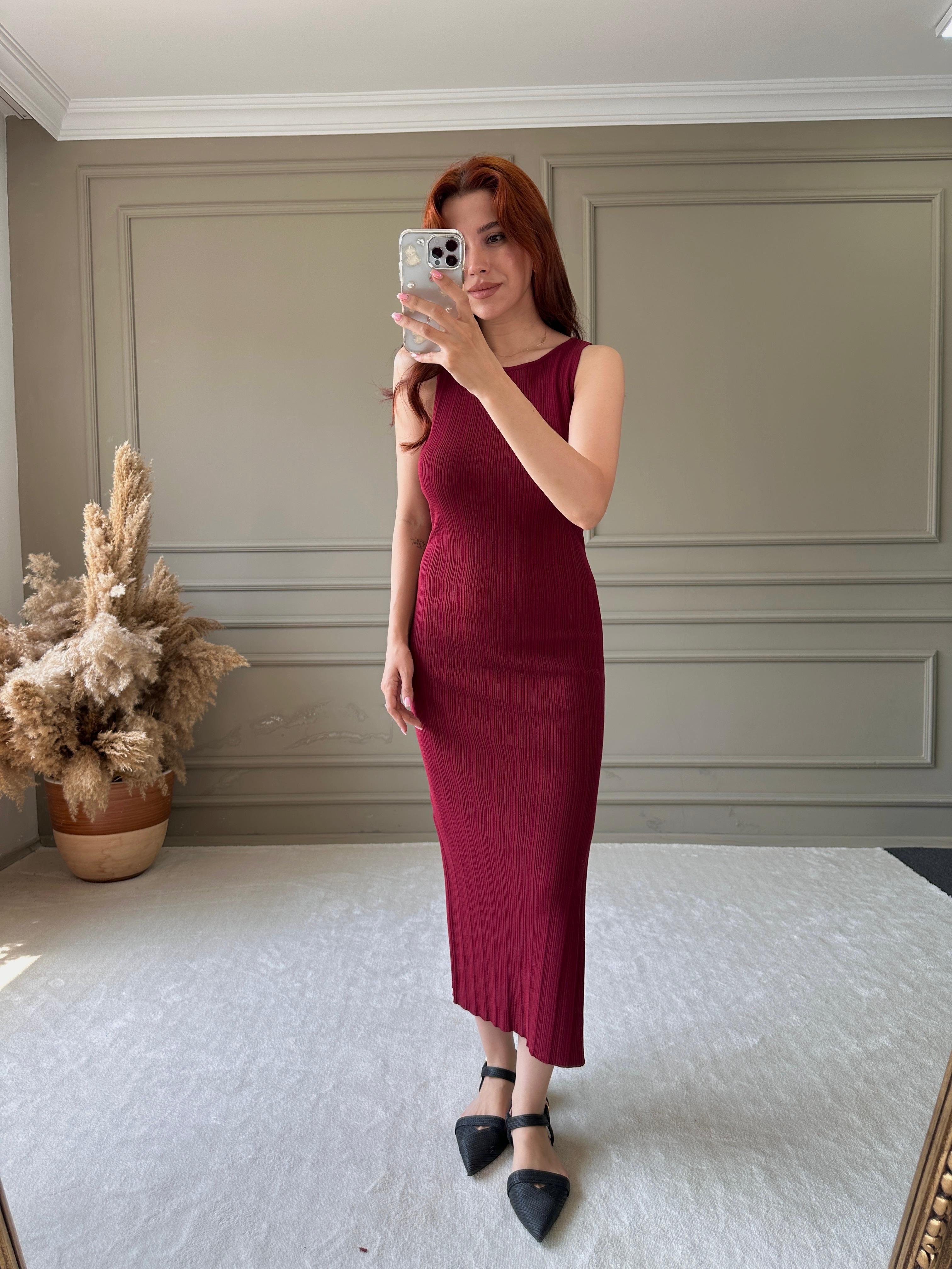 KALIN ASKILI TRİKO ELBİSE - Bordo