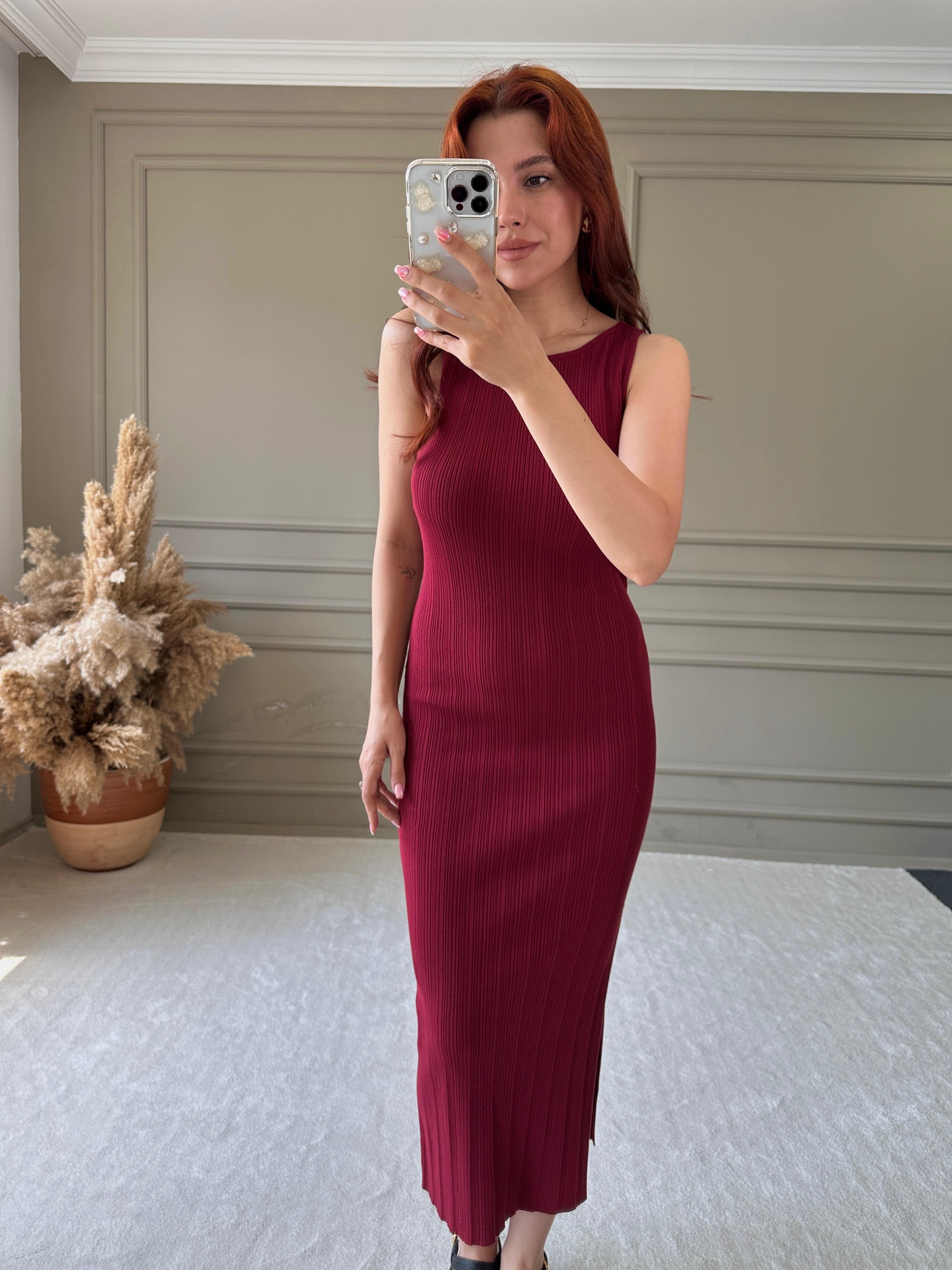 KALIN ASKILI TRİKO ELBİSE - Bordo