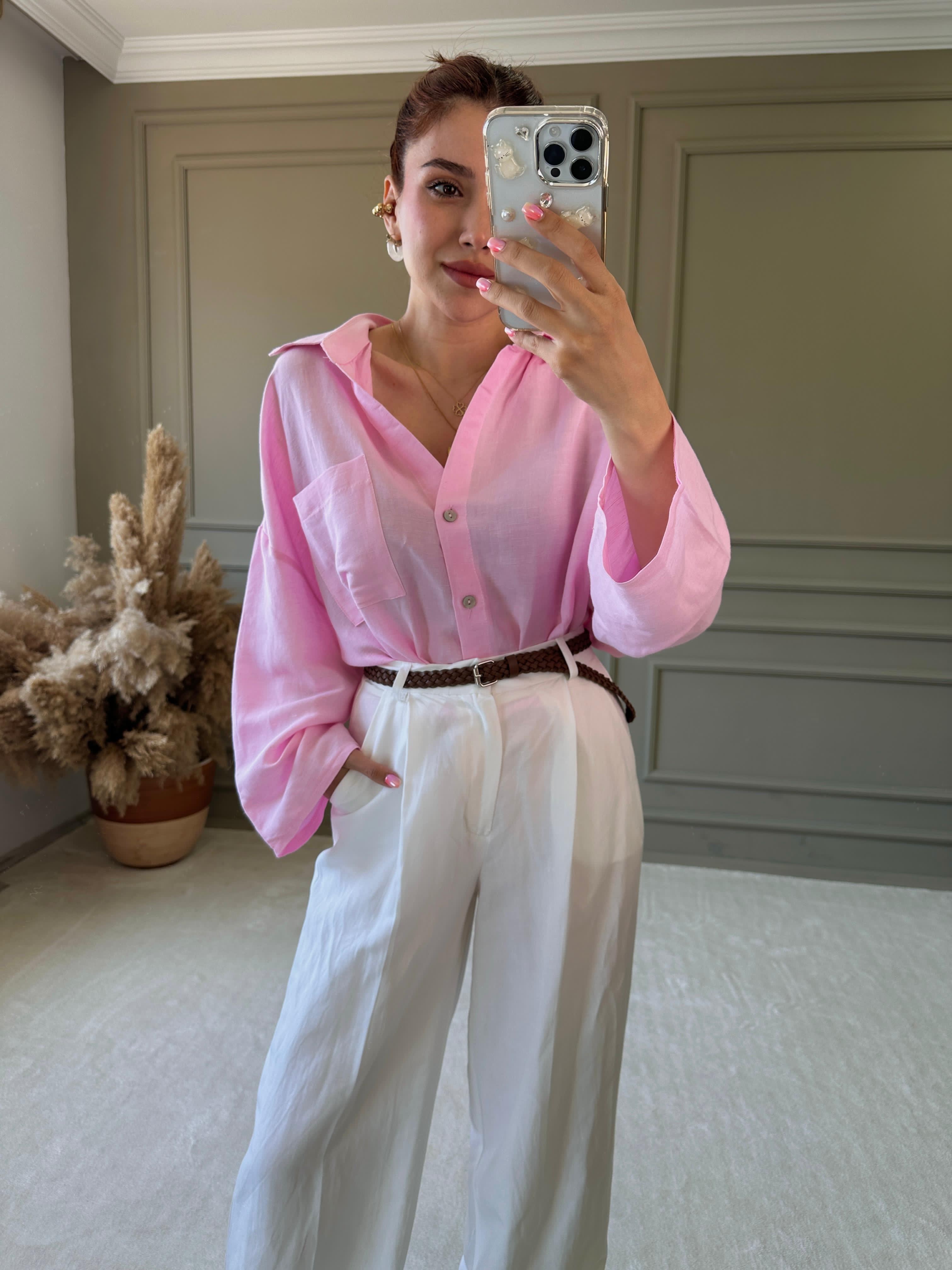 OVERSİZE KETEN GÖMLEK - Pembe