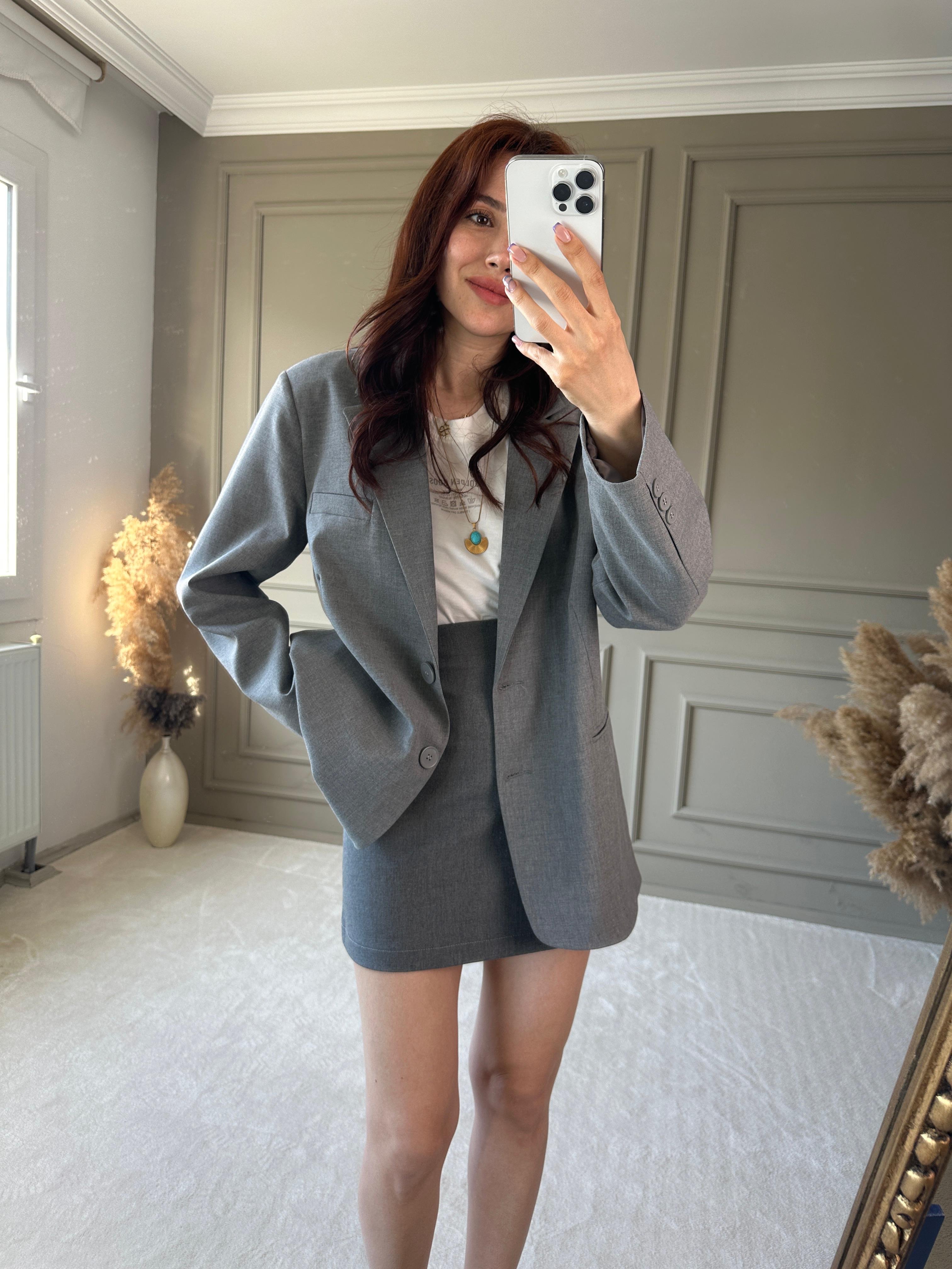İÇ ASTARLI PREMİUM BLAZER CEKET  - Gri