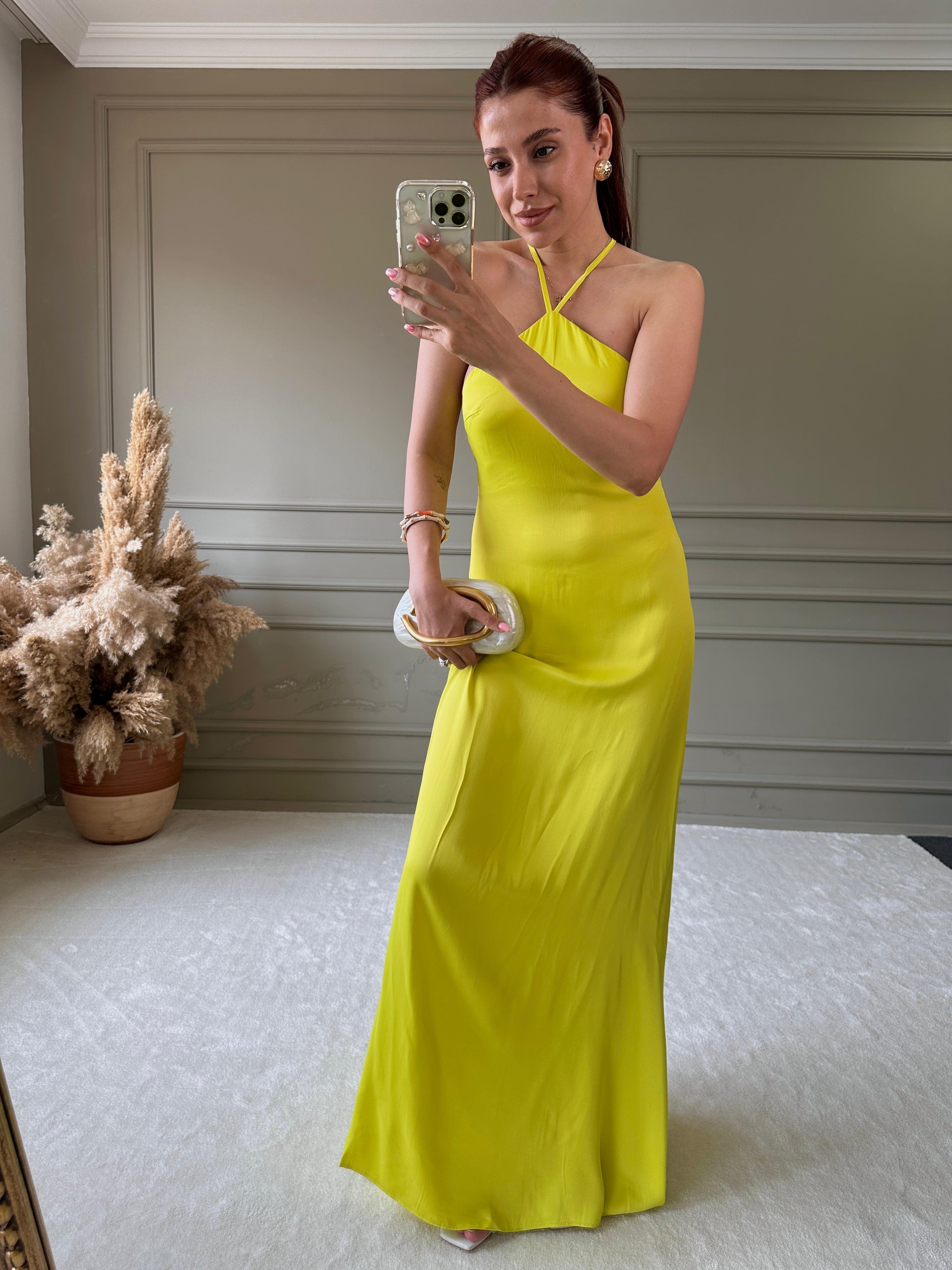 SATEN NEON YEŞİL ELBİSE