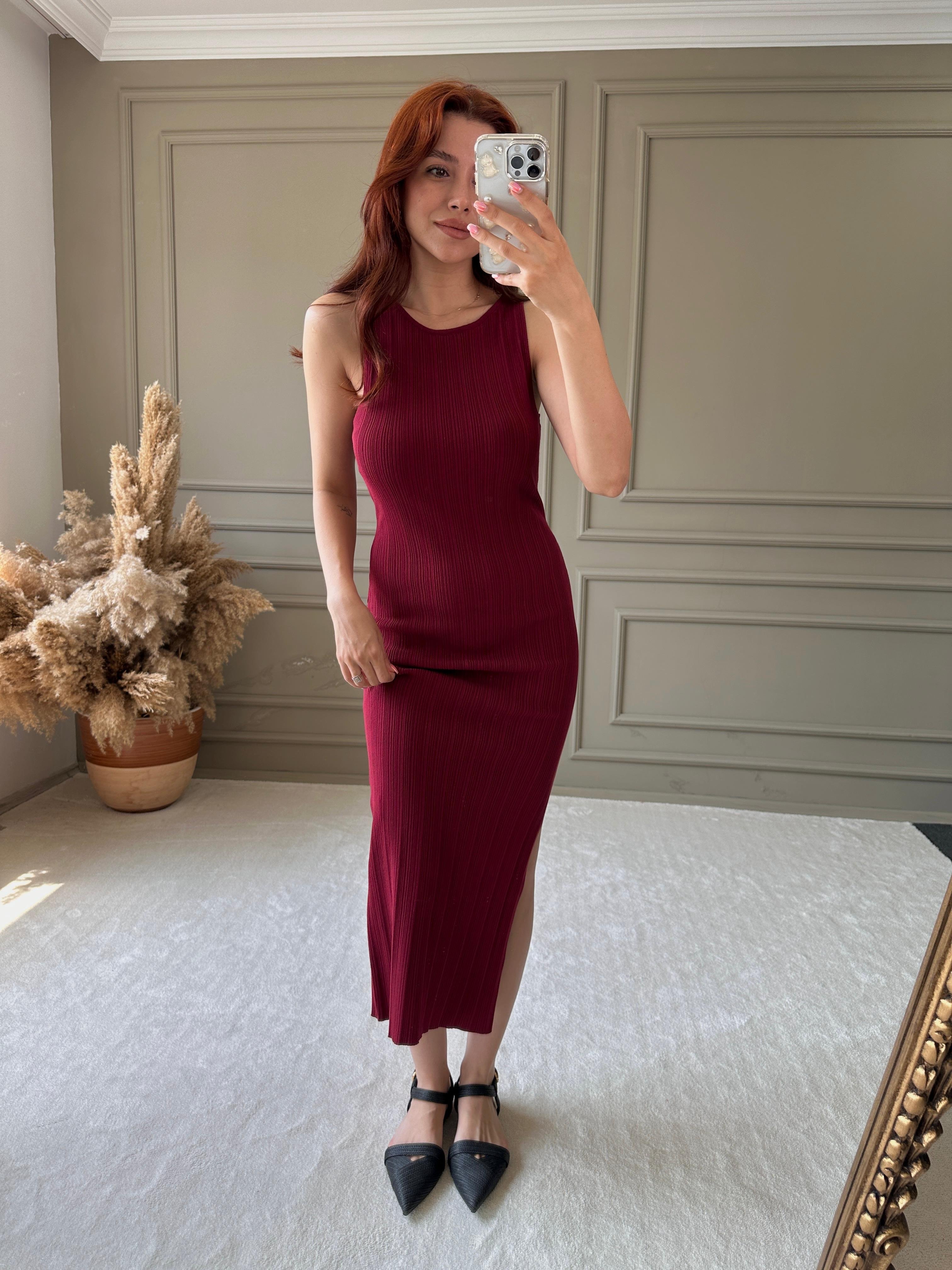 KALIN ASKILI TRİKO ELBİSE - Bordo