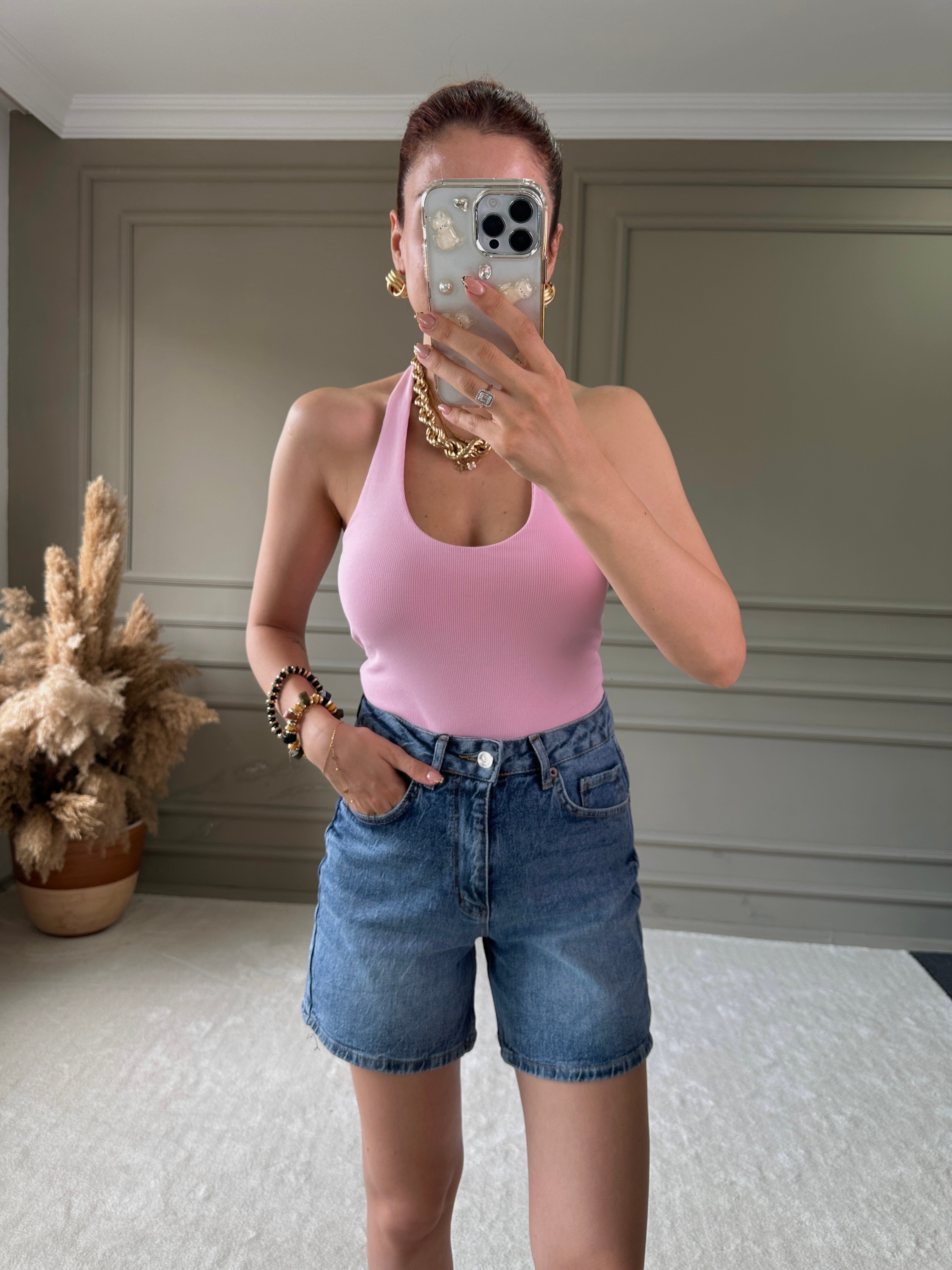 DİLVİN BOYUNDAN GEÇİRMELİ FİTİLLİ BLUZ - Pembe