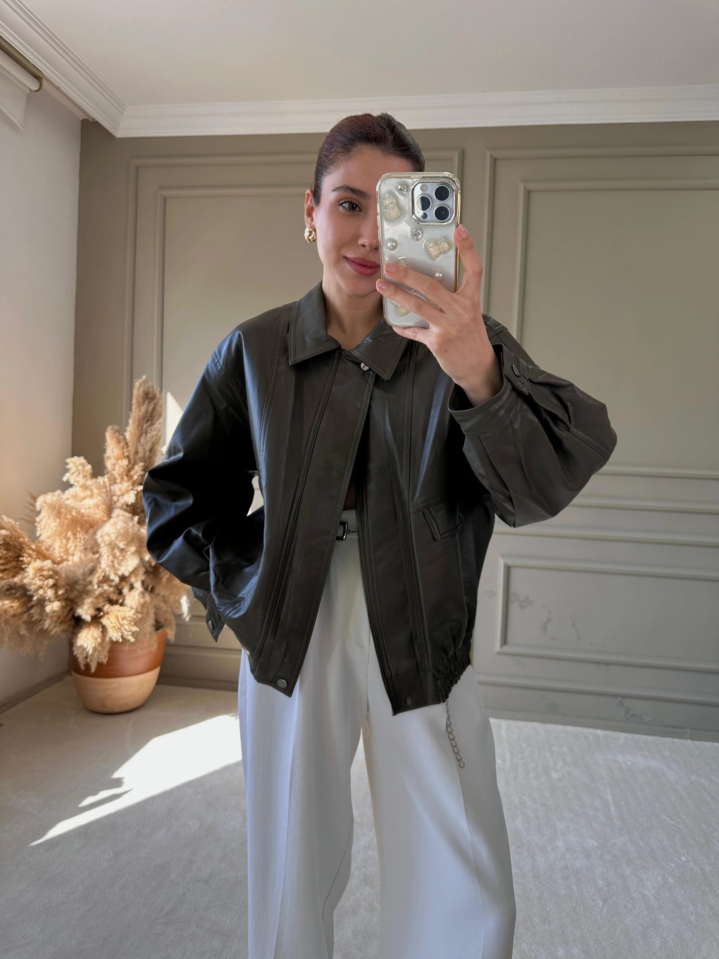 BOMBER DERİ CEKET  - Haki